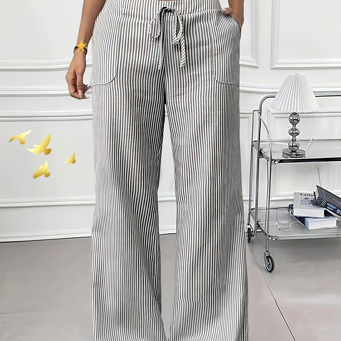 TEMU Striped High-waist Wide Leg Pants | Loose Fit, Elastic Waist, Summer Long Trousers, And Flattering