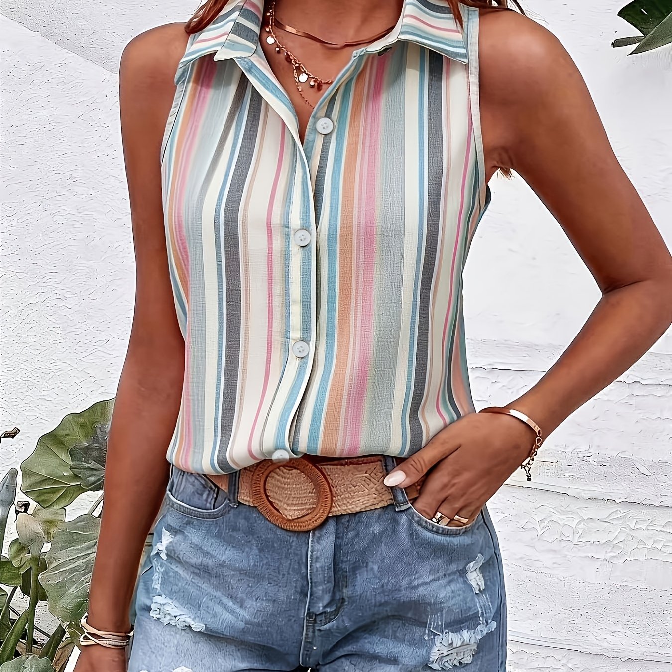 TEMU Elegant And Fashionable Casual Striped Women's Shirt, Sleeveless Vest Blouse, Daily Wear Shirt Top, Suitable For Spring Summer