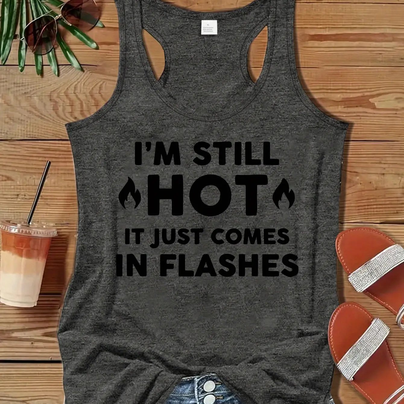 TEMU Women's Dark Grey Casual Vest With An Interesting Letter Print- "i'm Still Hot, It Just " Machine Washable, Sleeveless Vest, Suitable For Casual