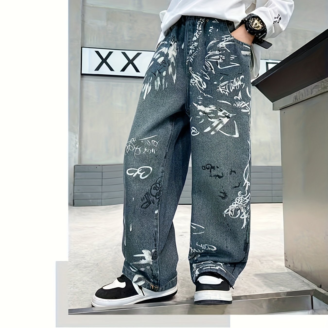 Image of Y2k Youth Boys Street Graffiti Print Loose Straight-leg Jeans, Loose Straight-leg Wide-leg Casual All-match Trousers With Elastic Waist, , Suitable For Daily School, , Outdoor Sports And Travel