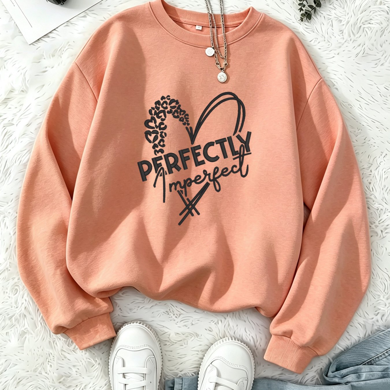 Image of Women's Casual Loose Fit Crewneck Pullover With Heart Print And '' Text, Lightweight Breathable Long Sleeve Top For Spring Autumn Daily Wear, Stylish Versatile Basic, Ships From Europe