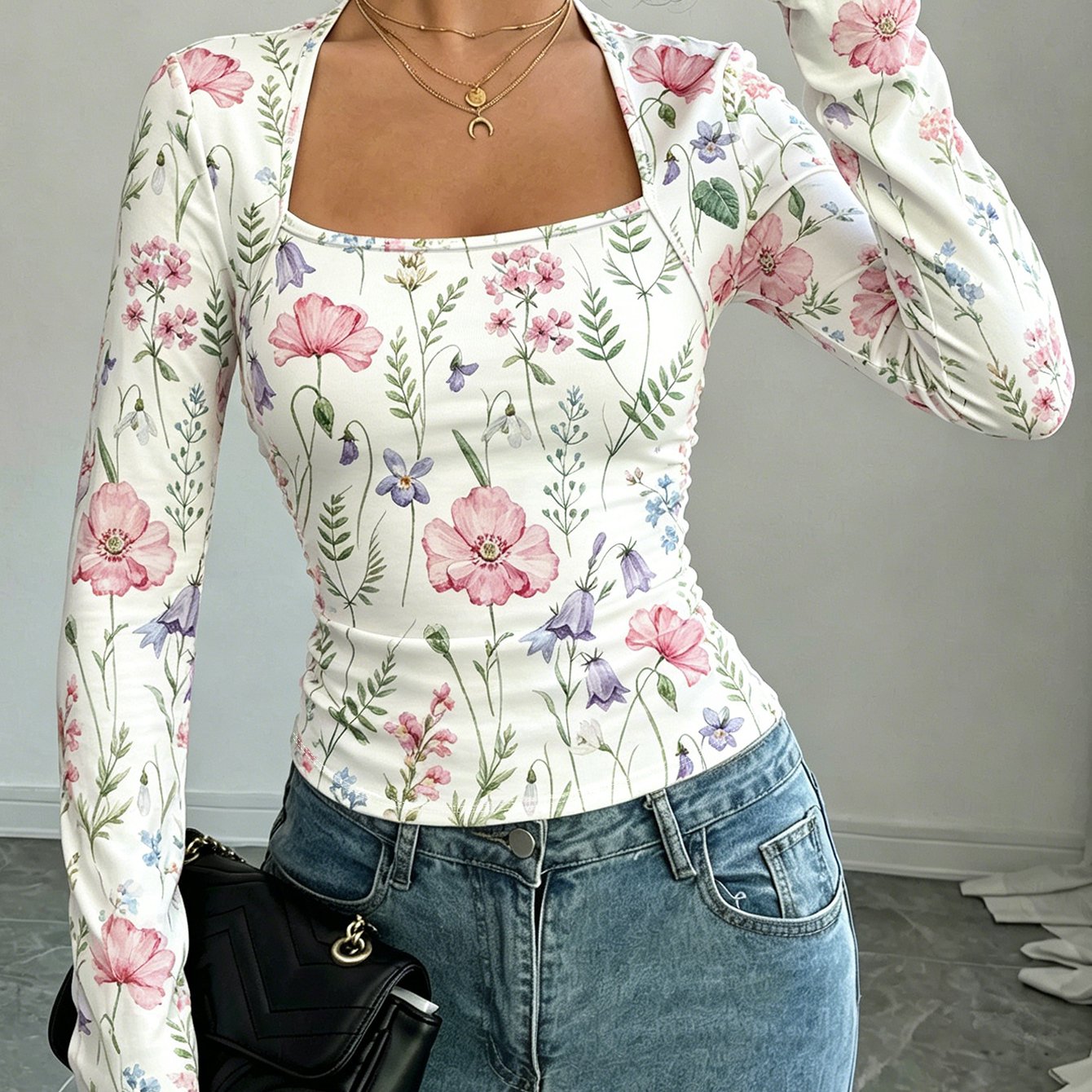 Image of Plus Size, Plus Size Women Long Sleeve Square Neck Pink Purple Wild Floral Top, Pink Floral Neck Fake 2pcs Side Ruched Waist Fitted Cropped T-shirt, Casual Outfit For Date Shopping Daily
