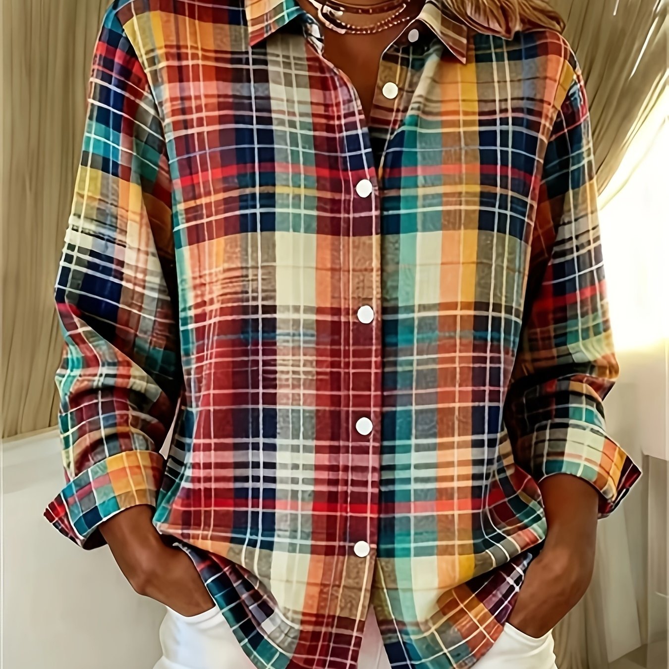 TEMU Fashionable Plus Size Long Sleeve Turn- Collar Casual Print Shirt
