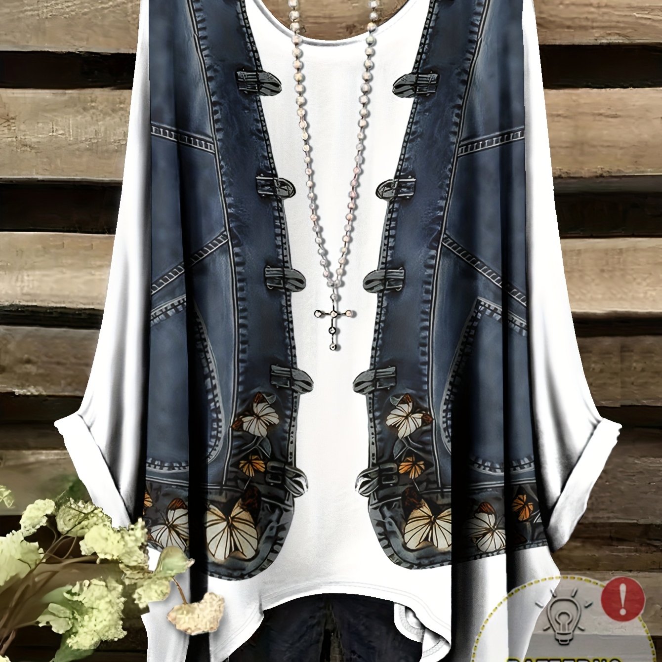 TEMU [printed Pants - Not Denim Fabric] Fashionable -neck Plus-size Denim 2pcs Patterned Printed Women's Top, Casual And Stylish Style Round-neck
