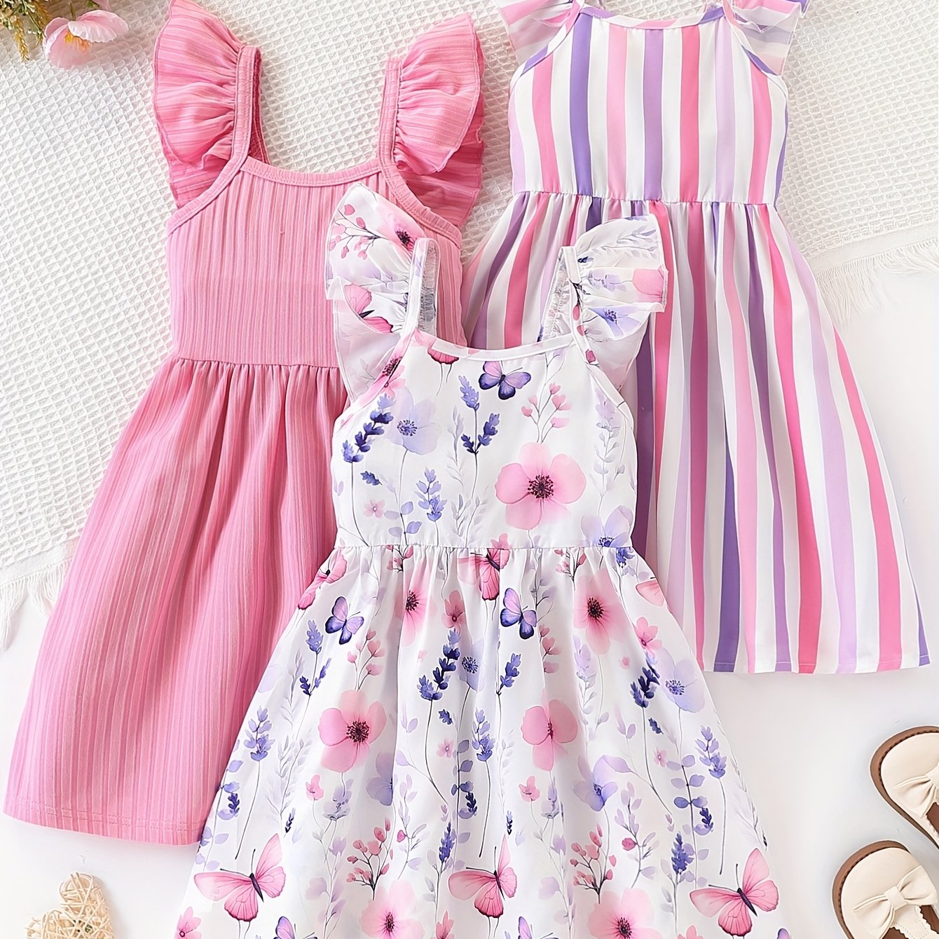 Image of Young Girls' Summer 3pcs Set Simple Dress With Small Flutter Sleeves, Striped And Floral Print, Casual And Fashionable Dress, Suitable For Vacation, Leisure, And Outdoor Activities