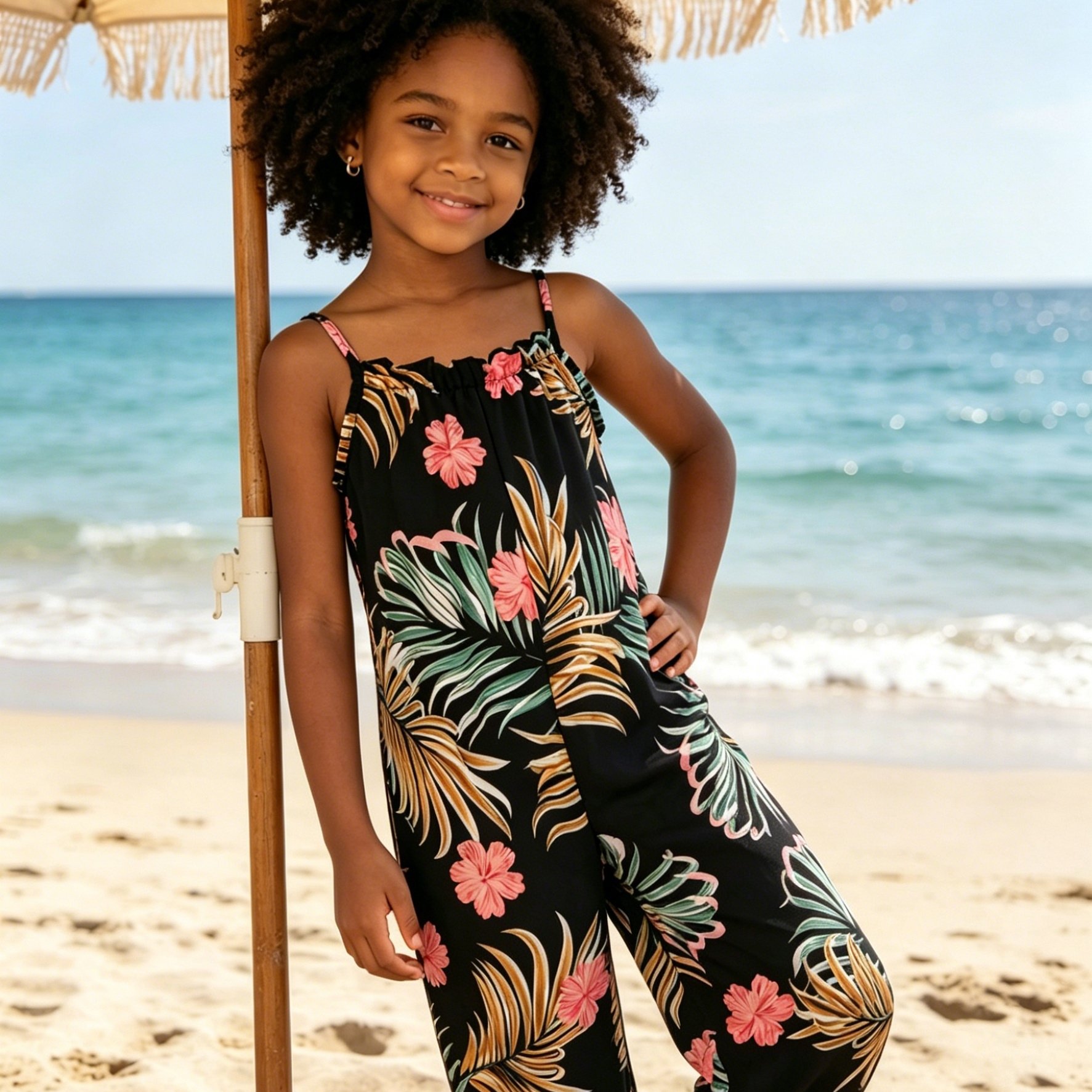 Image of Spring/summer Girls' Vacation Casual Tropical Print Sleeveless Jumpsuit, Comfortable And Stylish, Suitable For Daily , Perfect For Outdoor