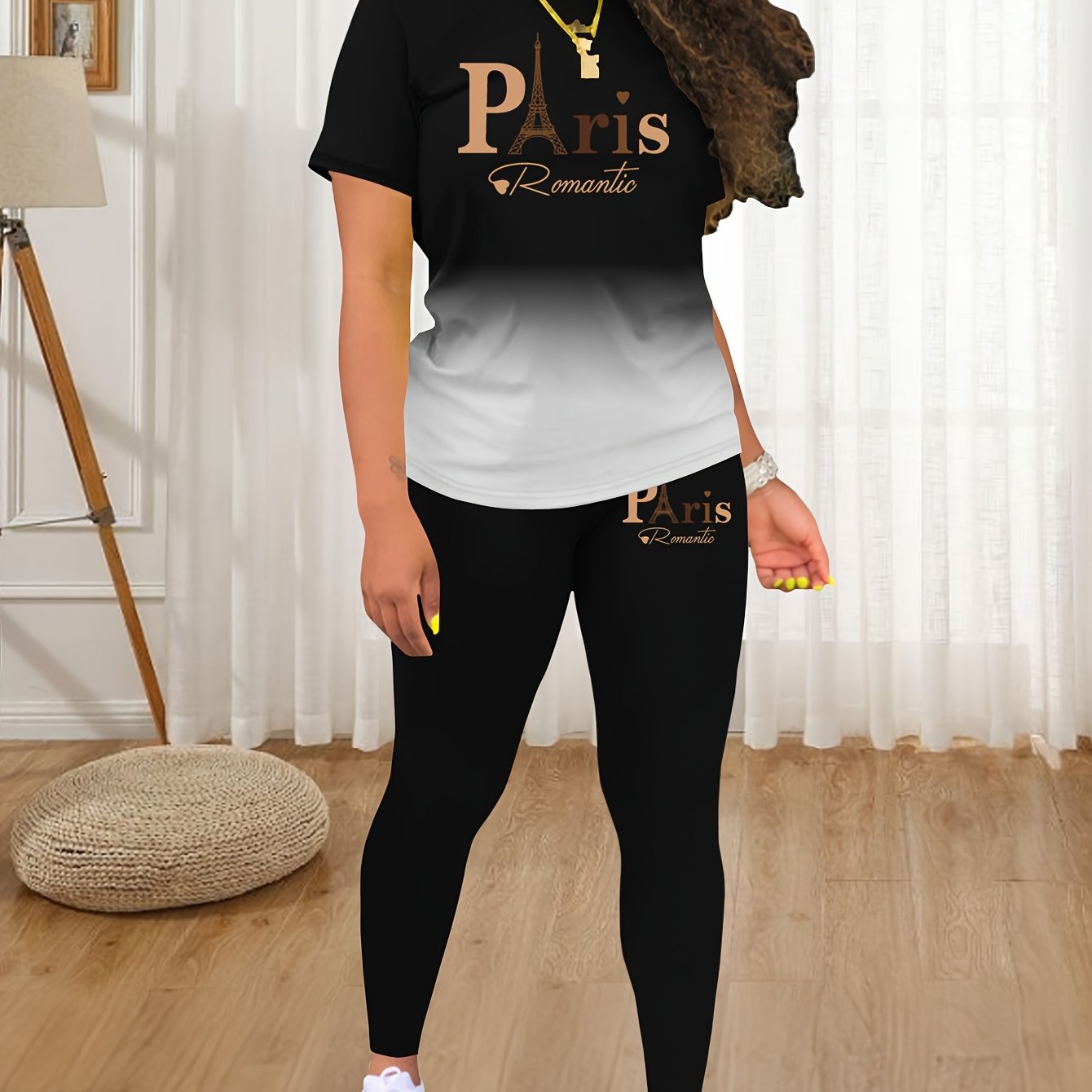 TEMU Fashion Spring Summer Round Neck Short Sleeve Printed Top And Long Pants Women'-piece Elastic Set