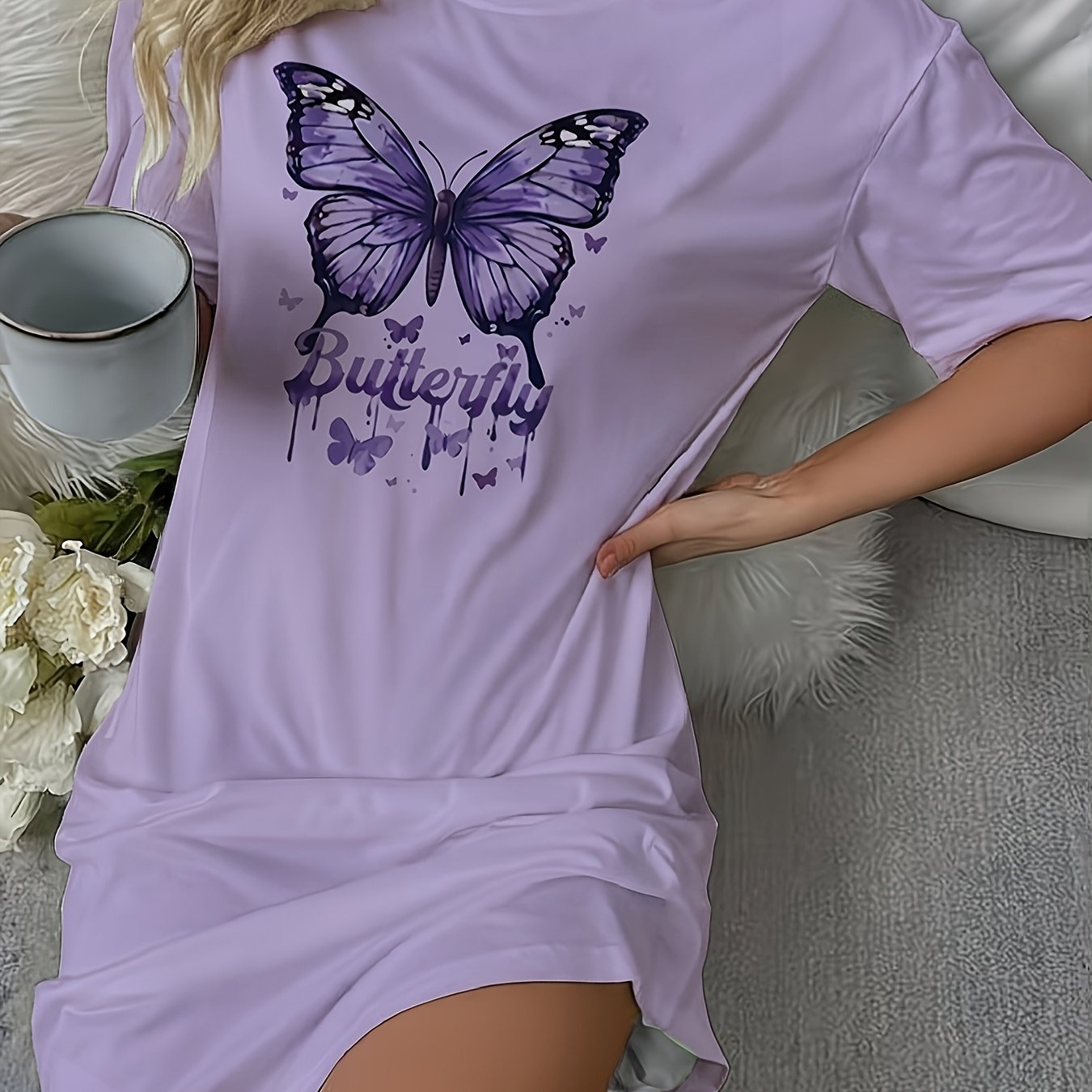 TEMU Women's Short Sleeve Nightgown, Aesthetic Letter Print Regular Fit T-shirt Dress, Soft Comfortable Wear, Summer Breathable Round Neck Pajamas