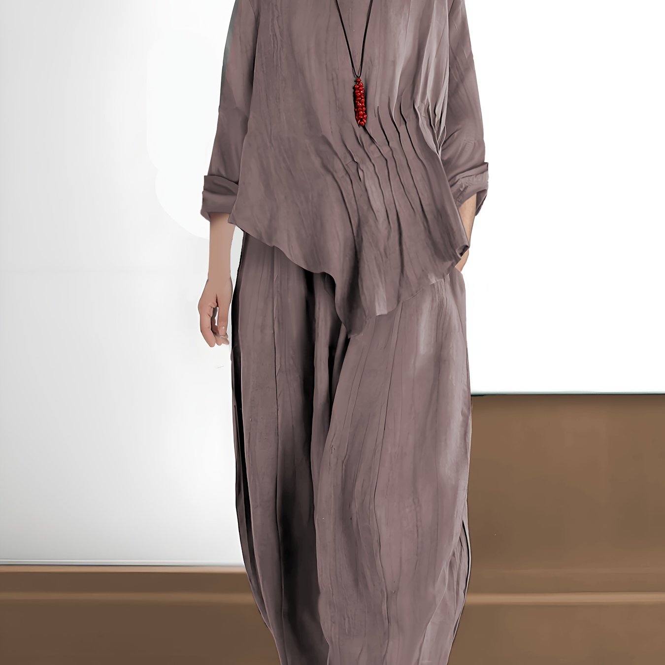 TEMU Taglie Forti, Nuovo Stile Casual Nomade in Tessuto, e Traspirante, , , Design Aderente a Pieghe Multiple, Personalit� Unica, Maglia a Maniche