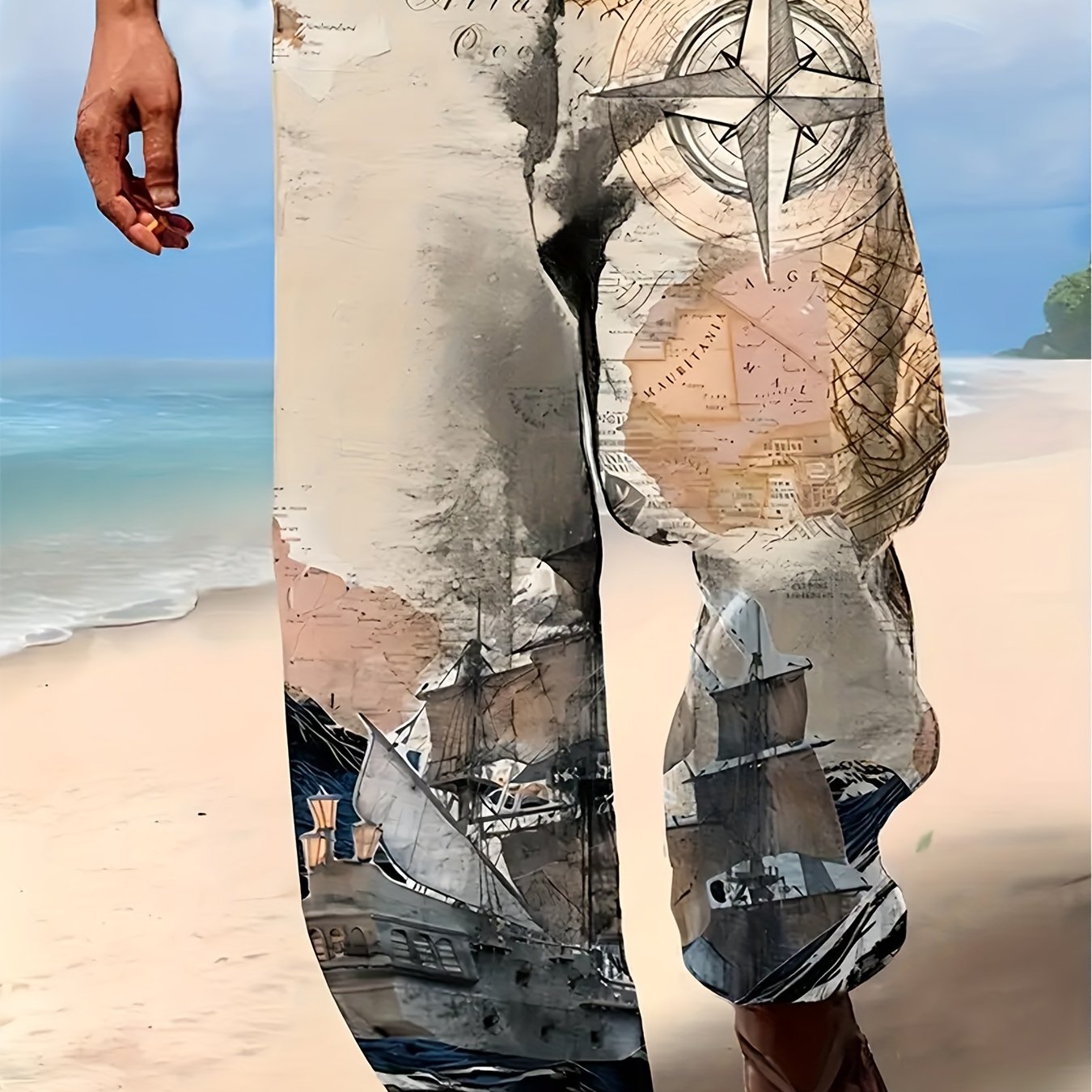 TEMU Men's Compass Print 3d Casual Drawstring Beach Pants - Lightweight, Breathable Polyester For Summer Outdoor Activities