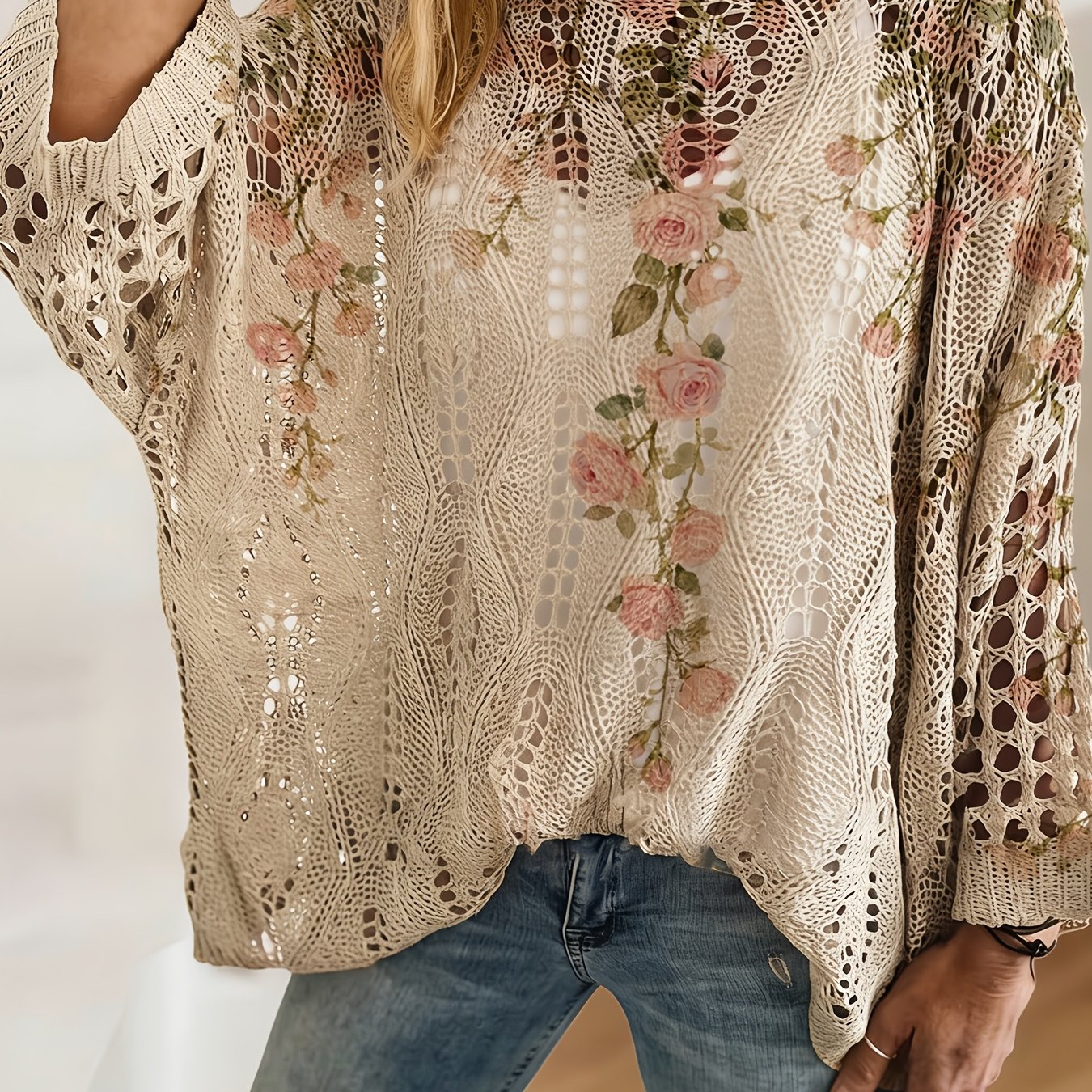 TEMU [2d Digital Printing] Autumn/winter Bohemian Style, Fashionable Versatile Pullover With One-shoulder Cutout Neckline, Women's Top Featuring Flat