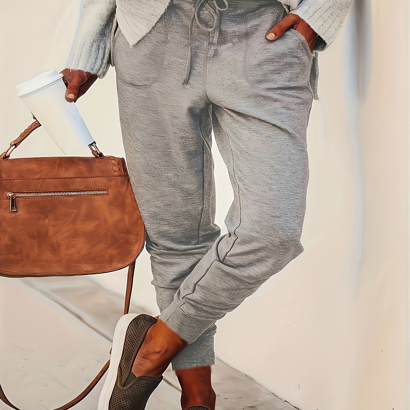 Image of Women's Casual Tapered Pants - Elastic Waist With Adjustable Drawstring, Side Pockets, Machine-washable Regular Fit For Everyday , Stylish Pocketed Trousers, Medium Stretch Fabric