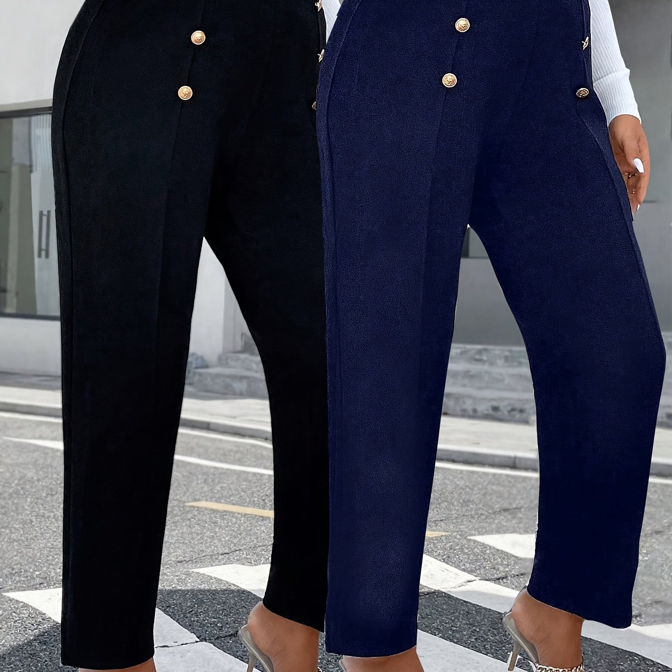 Image of Plus Size - Plus Size - 2pcs Plus Size High-waist Button-up Casual Easy Long Pants