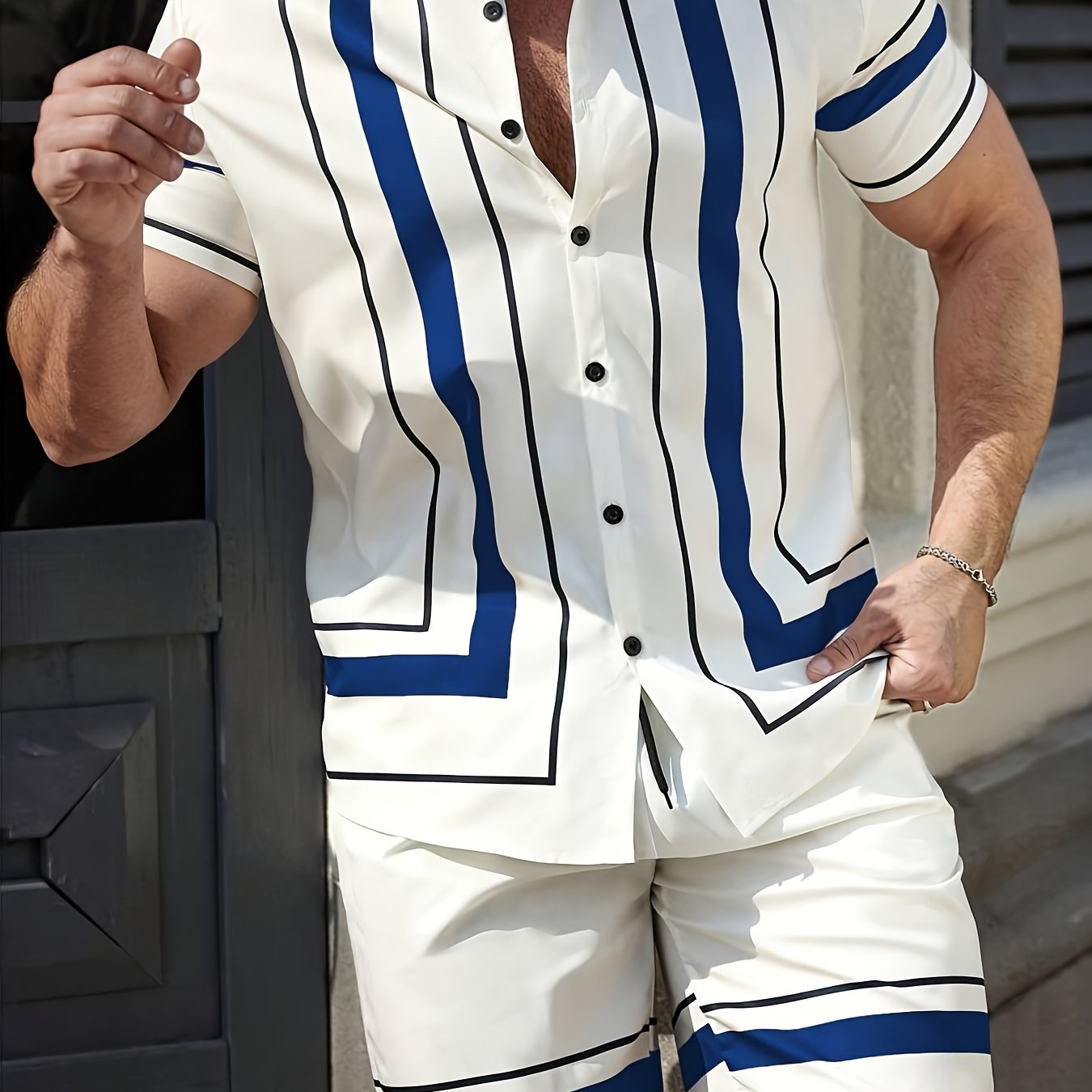 TEMU Men's New Fashionable Vacation Set: Breathable 3d Top With Button-up Short Sleeves And Lapel Collar, Casual Shirt With Drawstring Quick-dry