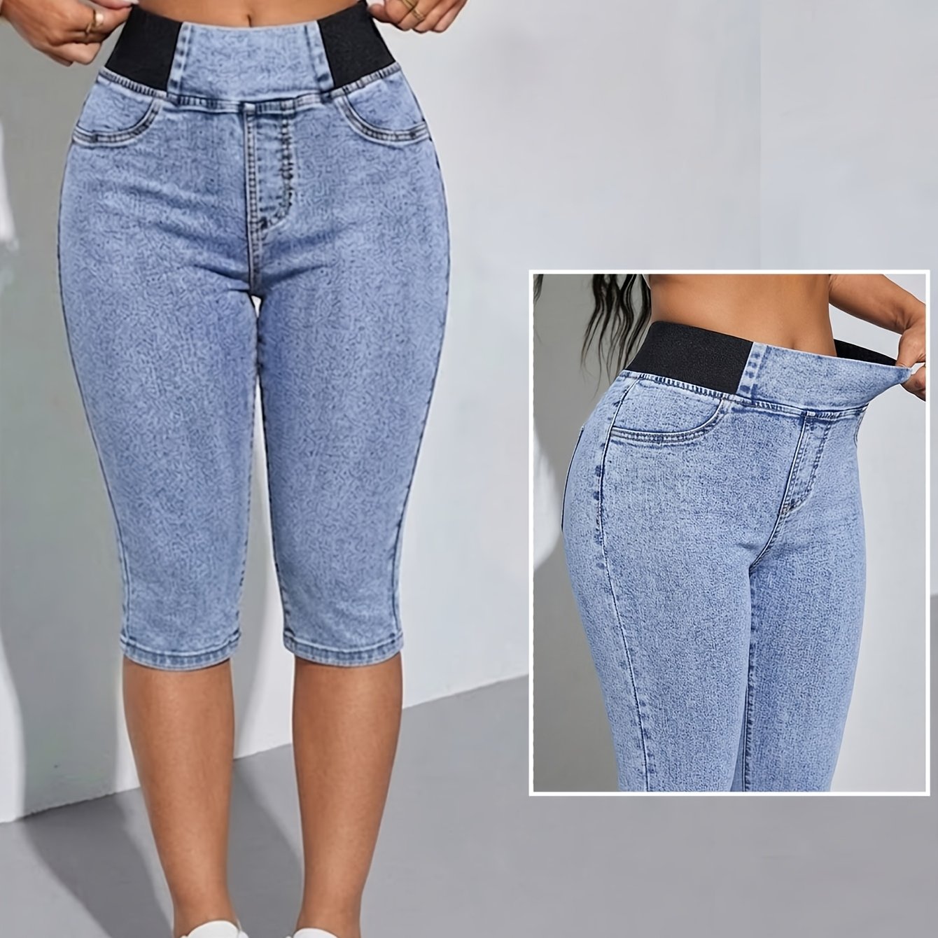 Y2k High-waist Stretch Skinny Jeans Women's - Solid Washed Elastic Waist Comfortable Jeans, Retro Street Style Capri Pants