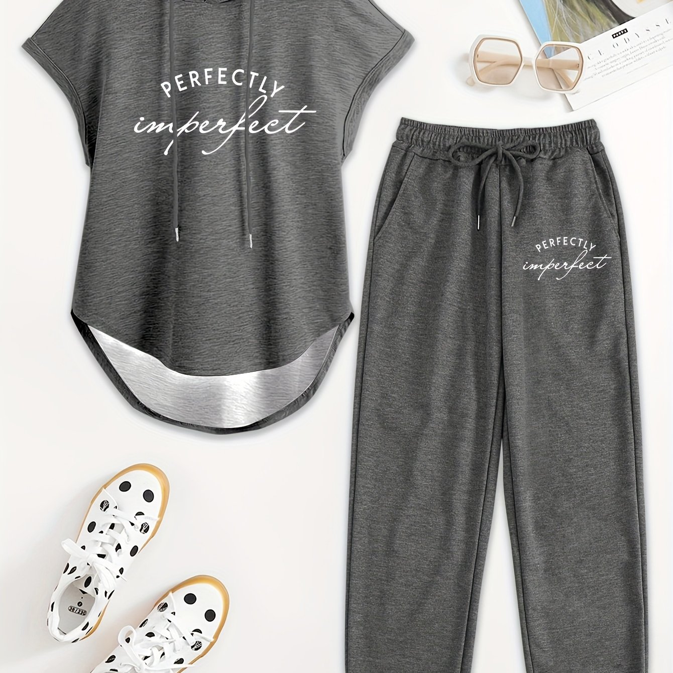 TEMU Women'-piece Drawstring Sleeveless Hooded Top And Summer Letter Print Pants, Elastic Waist Casual Pants, Pants Set