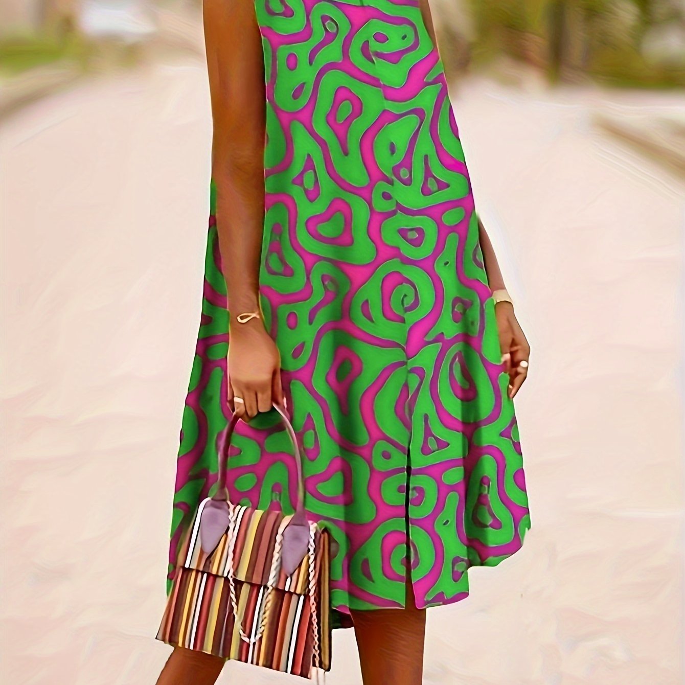 Image of Plus Size, Green Casual V-neck Sleeveless Dress