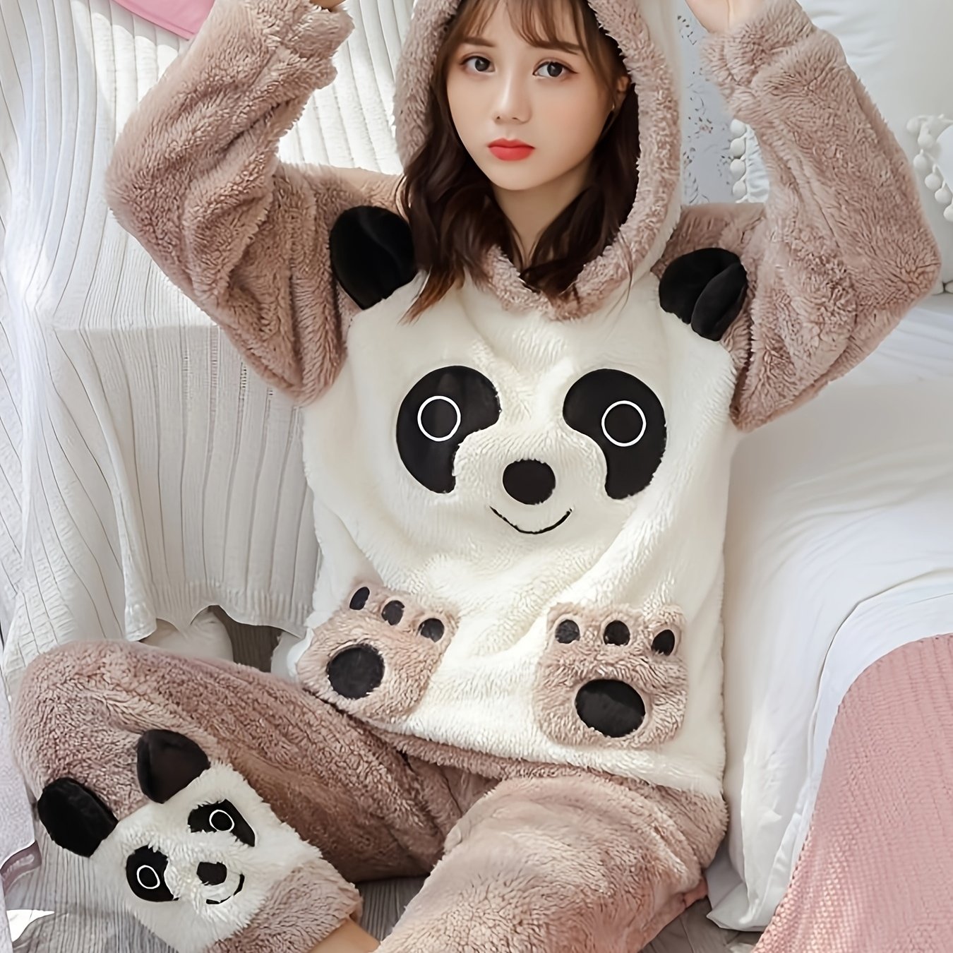 Image of Winter New Women's Pajamas Long Plush Hooded Head Long Sleeve Long Pants Cartoon Cute Fleece Thickened Wear Set