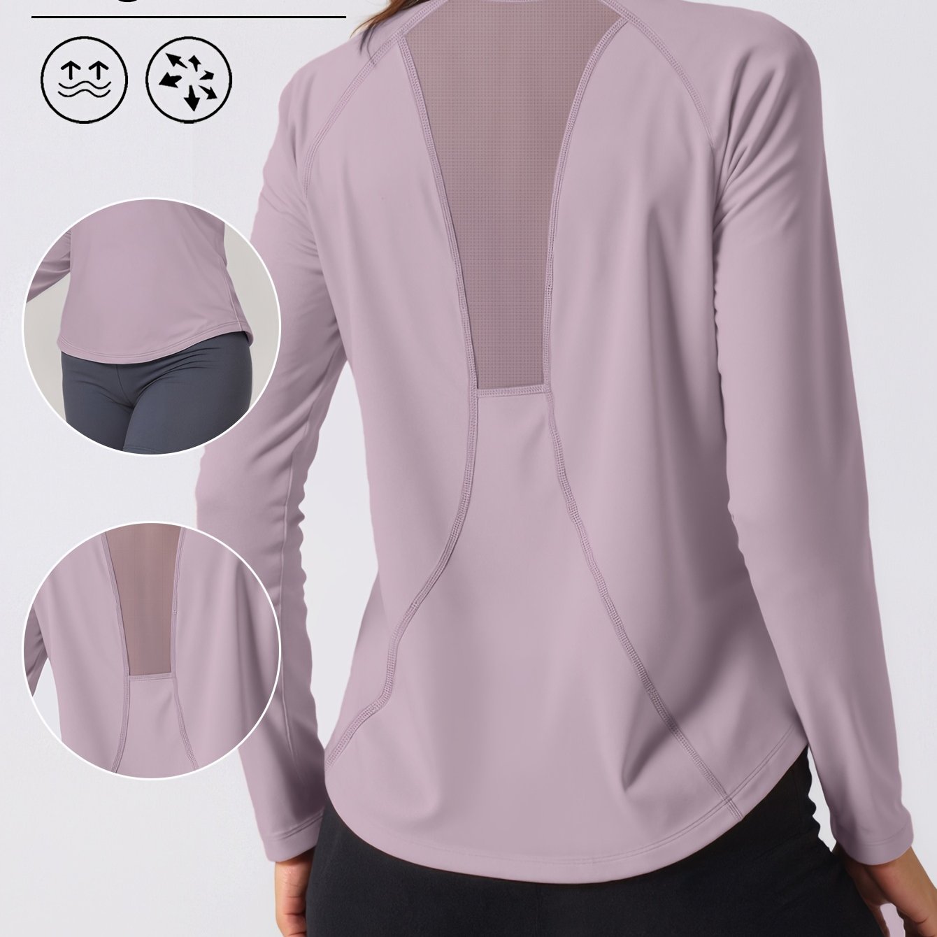 Image of Women's Athletic Long Sleeve, Back Mesh Panel Contrast, Breathable Fitness Yoga Wear, Running Top, Suitable For Cycling, Fitness, Yoga, Running