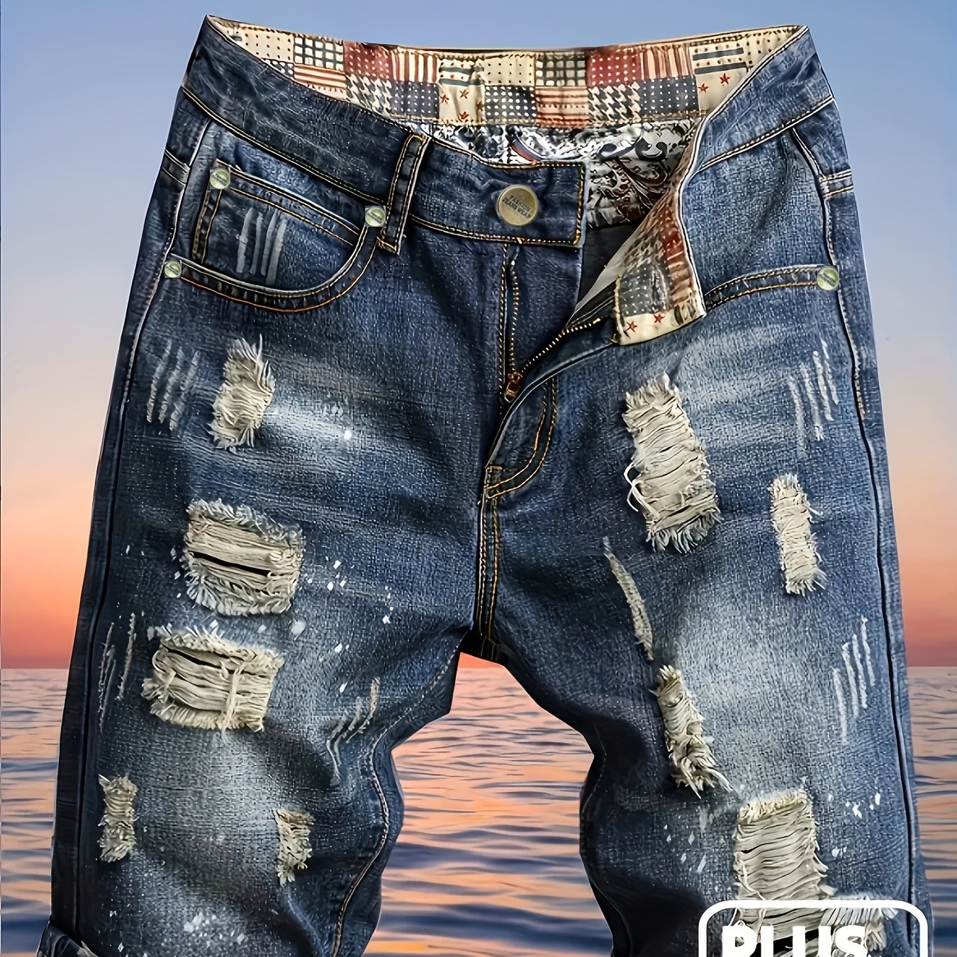 Plus Size Men's Distressed Denim Shorts, Elastic Foldable Hem Men's Short Jeans, Suitable For Summer, High Waist And Distressed/ Design, Style