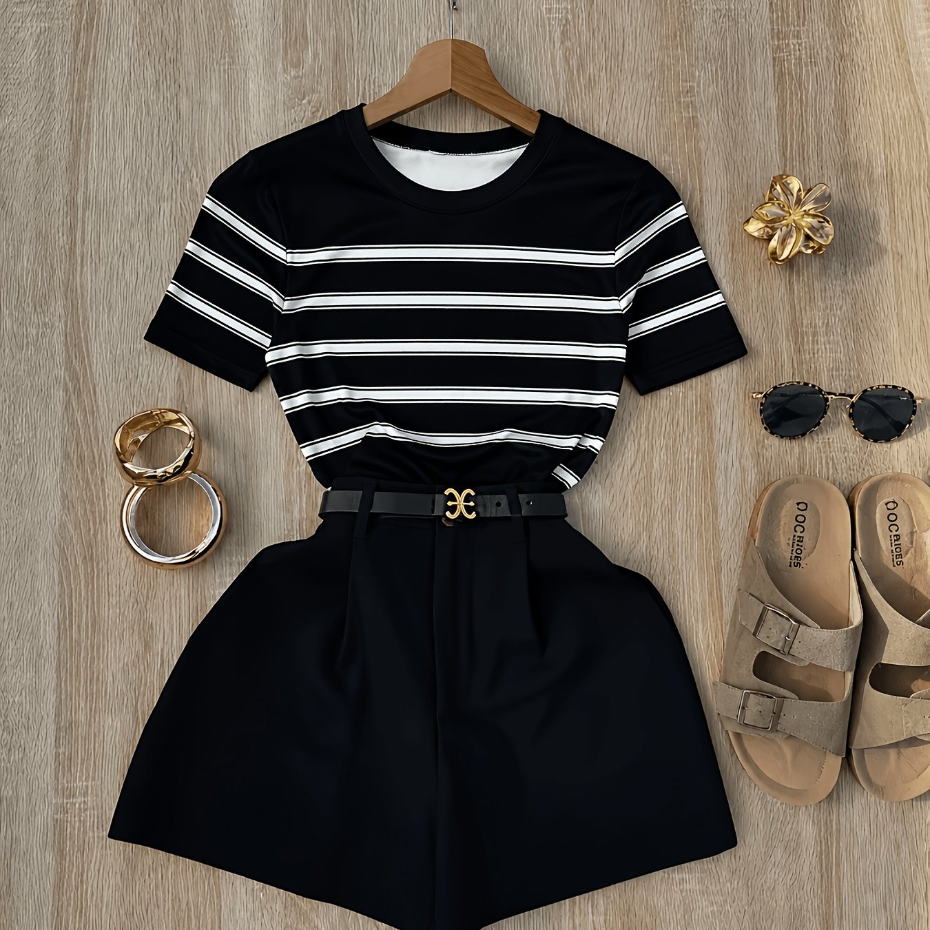 TEMU Fashion Top Positioning Pocket Shorts 2pcs Set, Sweet, Cute, Casual (belt Not Included)
