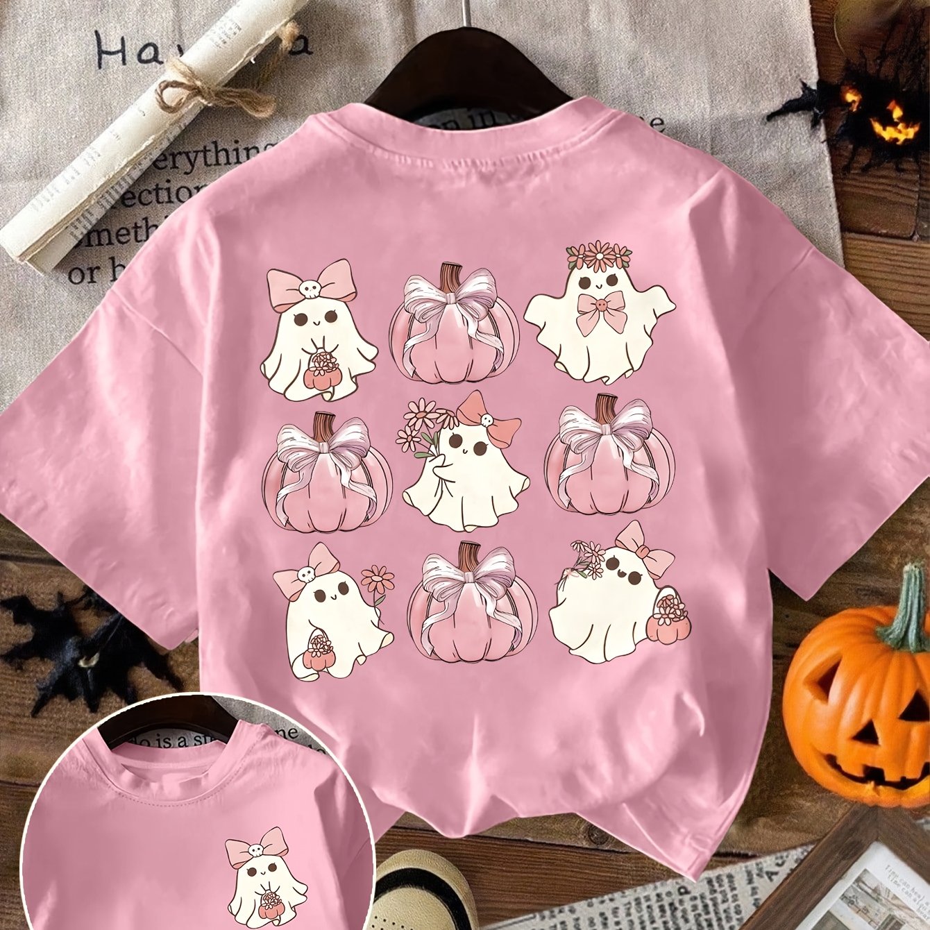 TEMU Women's Casual Short-sleeve T-shirt Featuring A Halloween Cartoon Pumpkin And Print, With A Regular Fit And Round Neck, Suitable For , Women's