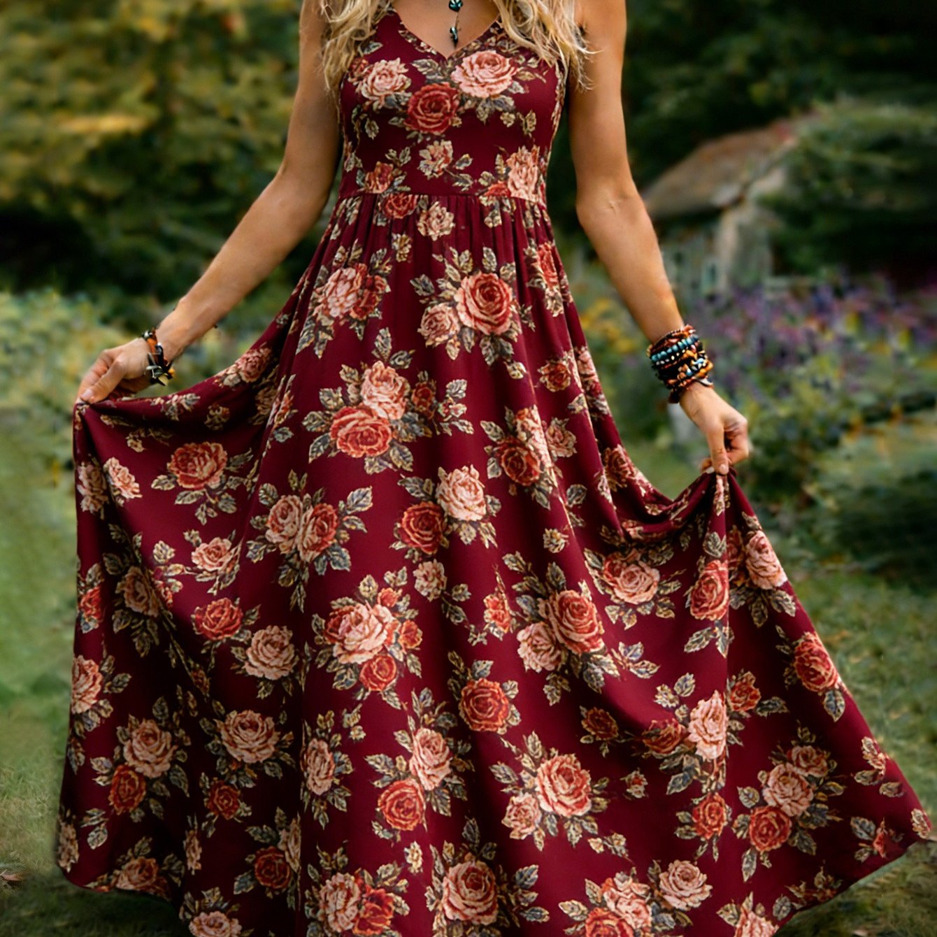 2d Flat Print Women's Retro Elegant Sleeveless Dress, V-neck Floral Print A-line Flowing Maxi Skirt, Machine Washable, Suitable For Casual Attire And Vacations., 2d Flat