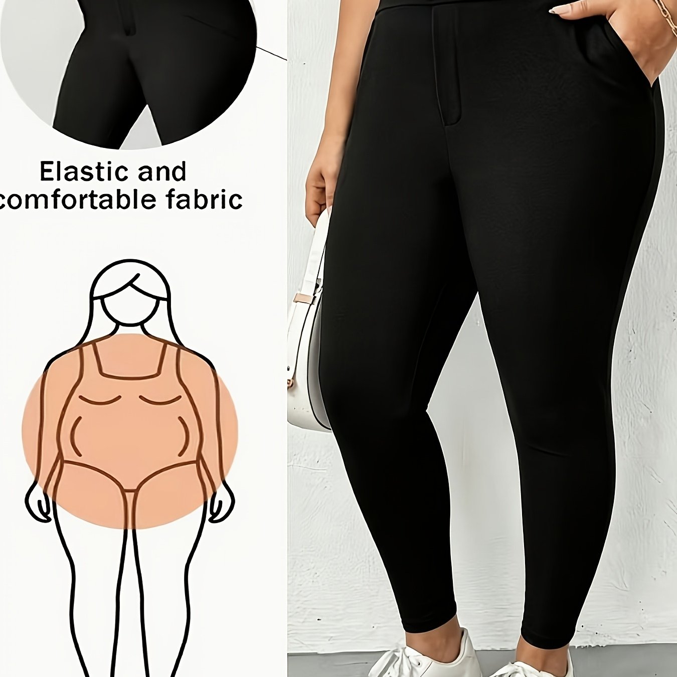 TEMU Pantalon décontracté et confortable pour femmes rondes, taille élastique, poche inclinée, coupe slim multifonctionnelle, couleur unie, pantalon