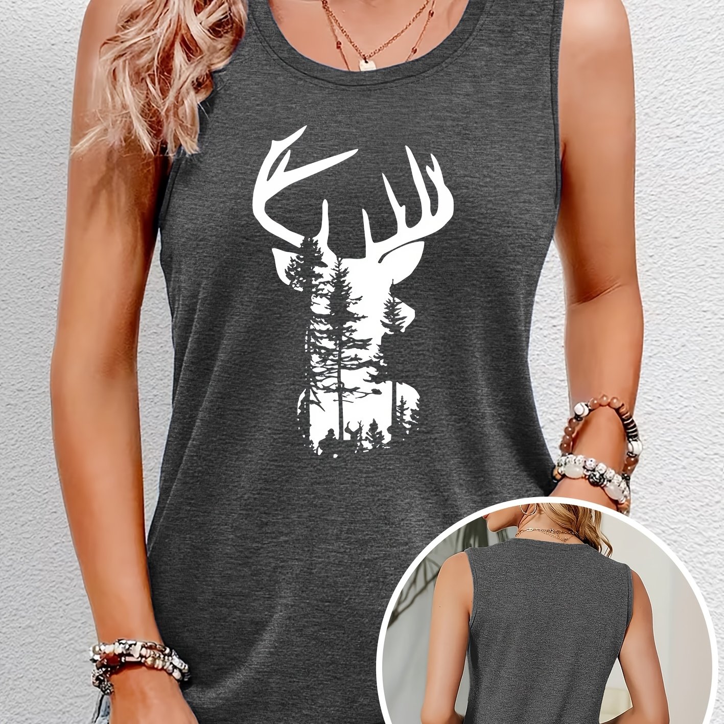 TEMU Elegant Women's Tank Top With A Deer Silhouette And Forest Print, Suitable For Spring And Summer. A Stylish And Versatile Piece For Commuting,