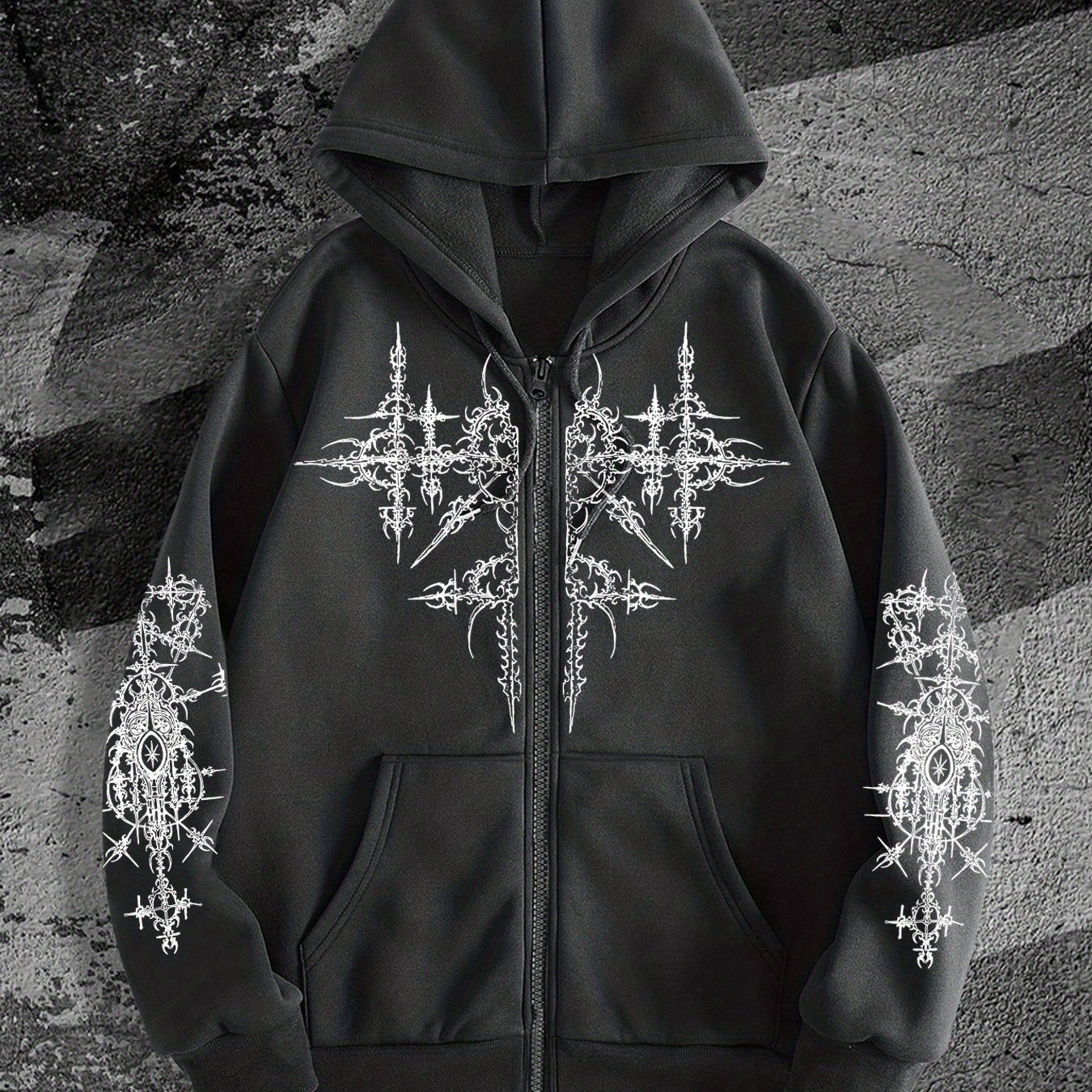 TEMU Men's Gothic Dark Style Printed Zip-up Hoodie, A Fashionable Streetwear Zip-up Hoodie Suitable For Casual Occasions, To Pair With Trendy Outfits