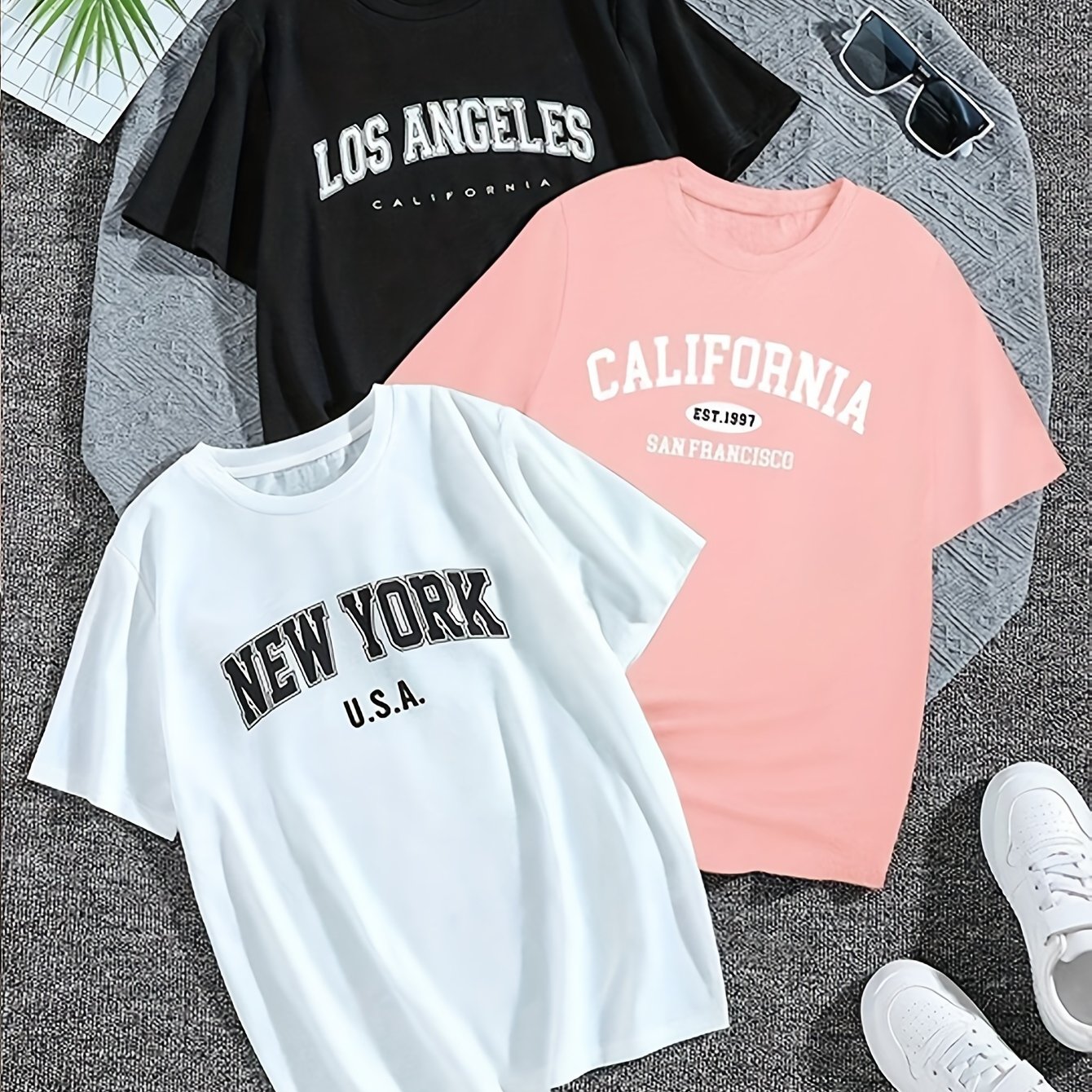 TEMU 3er-Set Lässige Damen-T-Shirts mit Rundhalsausschnitt und Kurzarm mit Los Angeles California Aufdruck für den Sommer