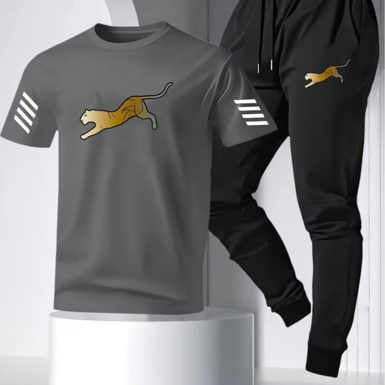 TEMU Men's 2pcs Casual Tracksuit, Crew Neck Leopard Print T-shirt & Drawstring Jogger Pants, Breathable Sportswear Outfit For Daily & Workout