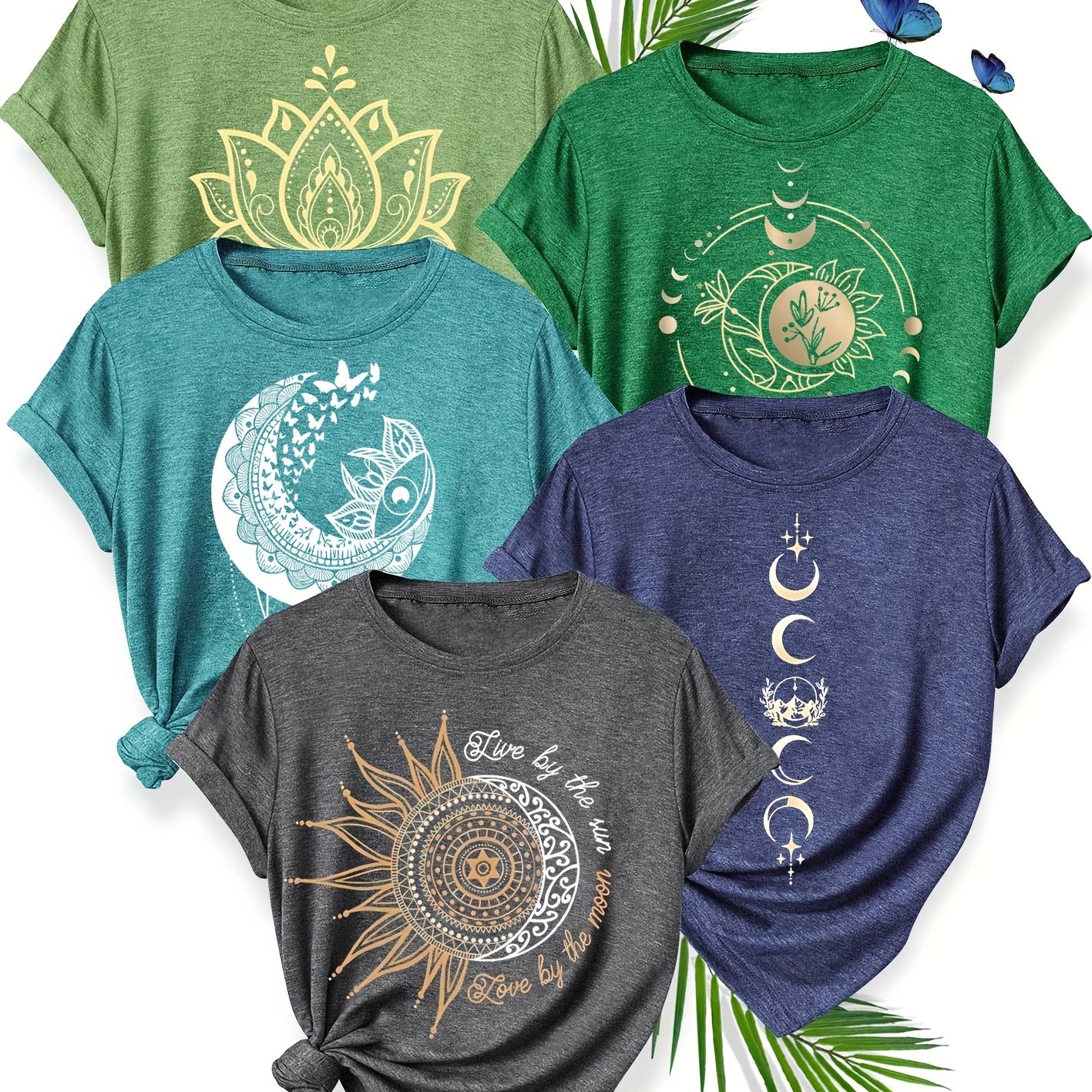 TEMU A Set Of 5 Stylish And Retro Floral And Moon Print T-shirts For Women, Featuring A Easy And Design, Perfect For Summer Casual Sportswear. In
