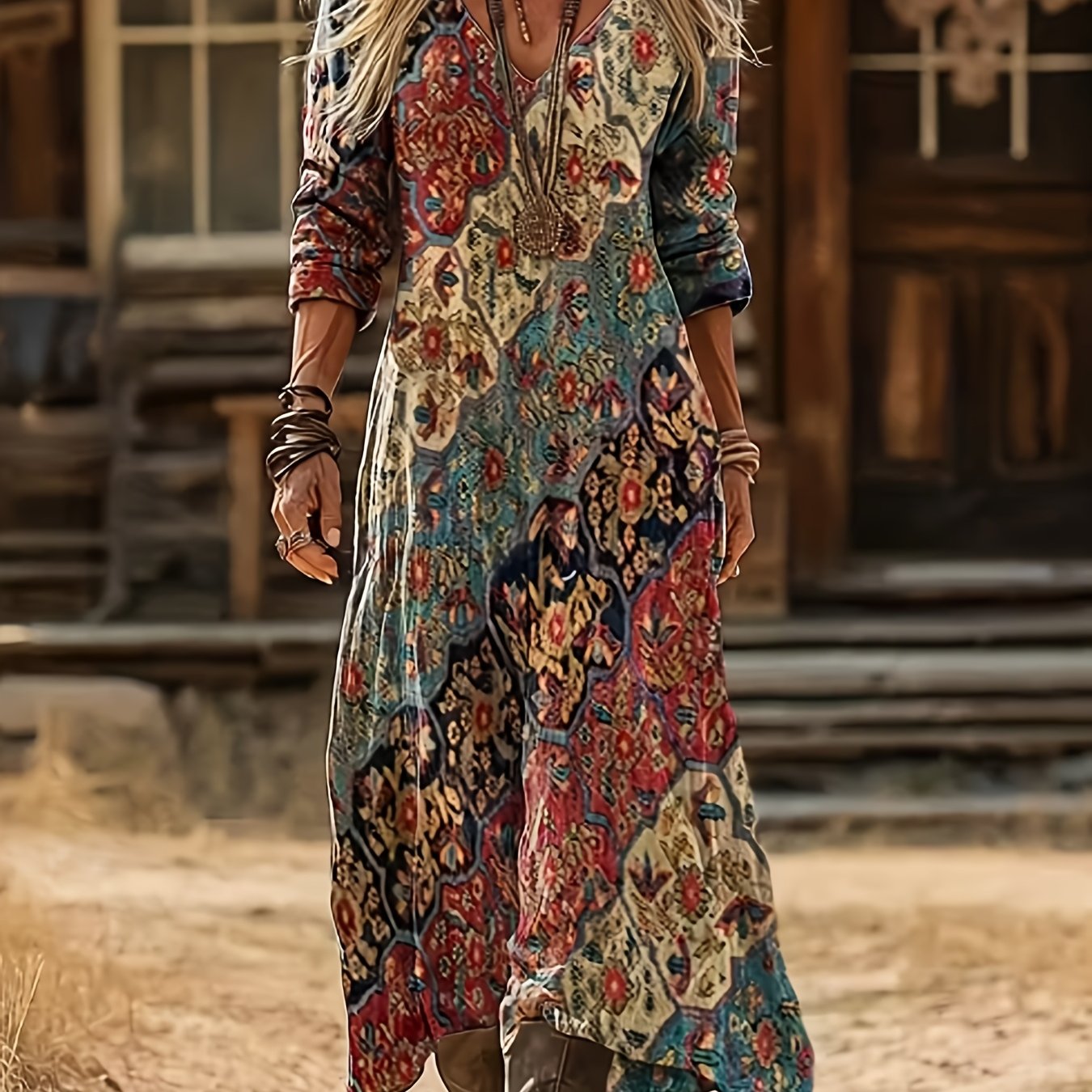TEMU Grande Taille - Grande Taille - Grande Taille Robe de Base Élégante à Manches Longues et Col en V pour Femmes, Robe Vintage Éthnique à Imprimé