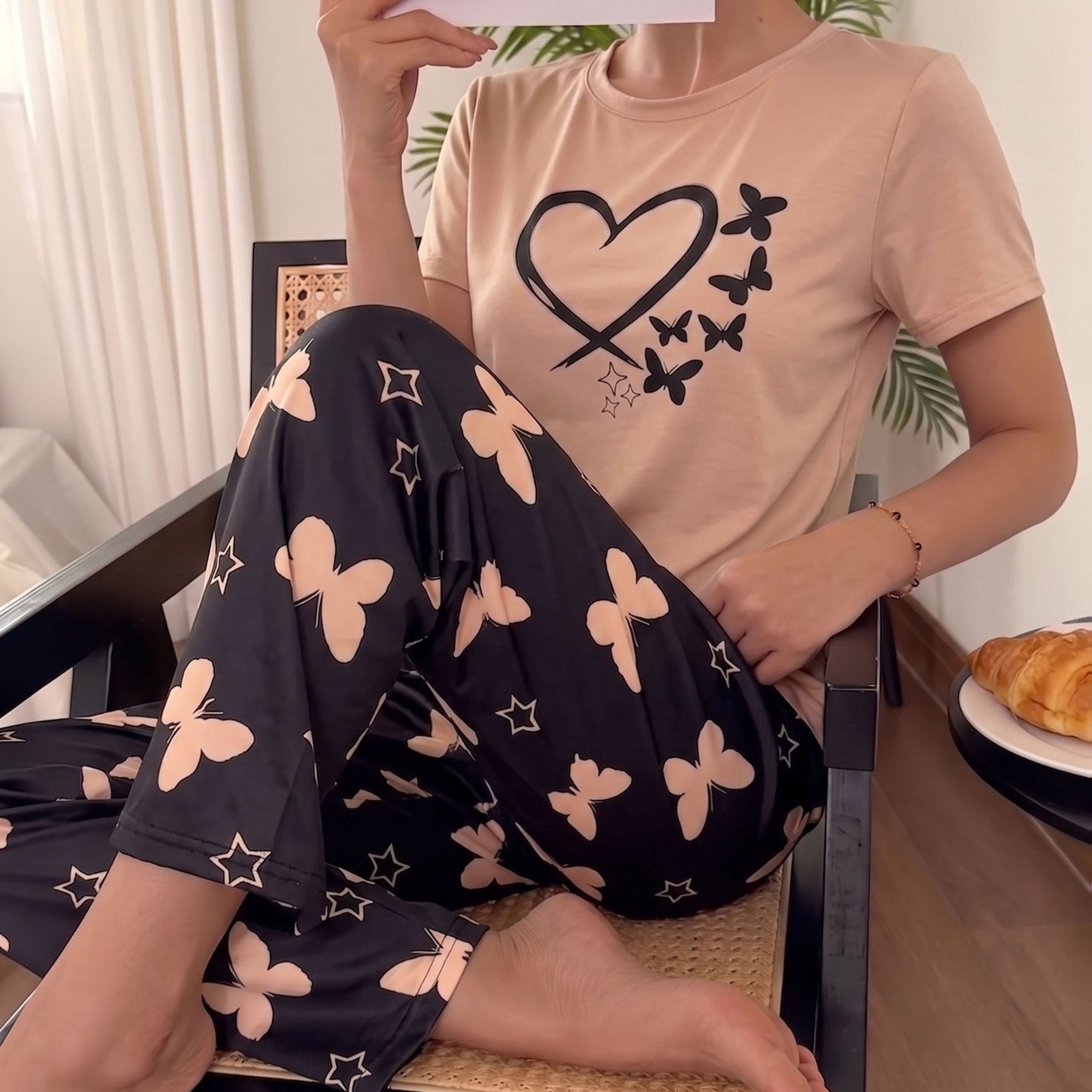 TEMU Nieuw Binnen /Herfst Dames Casual Korte Mouwen Broek Loungewear Set met Hartjesprint