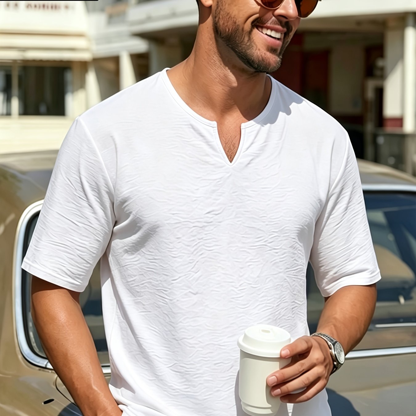 TEMU Summer Plus Size Men's V-neck T-shirt Men's Henley Shirt. Plus Size Loose Comfortable Breathable Top. Summer Easy Style Versatile Non-picky.
