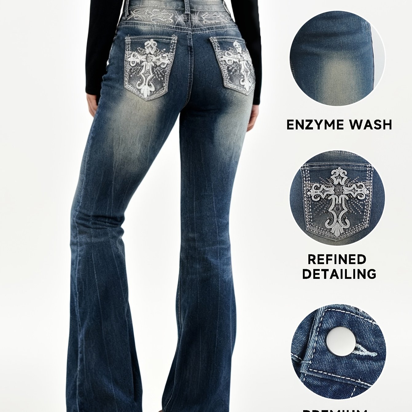 Image of Y2k Vintage Flare Jeans For Women Embroidered Pocket Enzyme Wash Bootcut Denim Pants