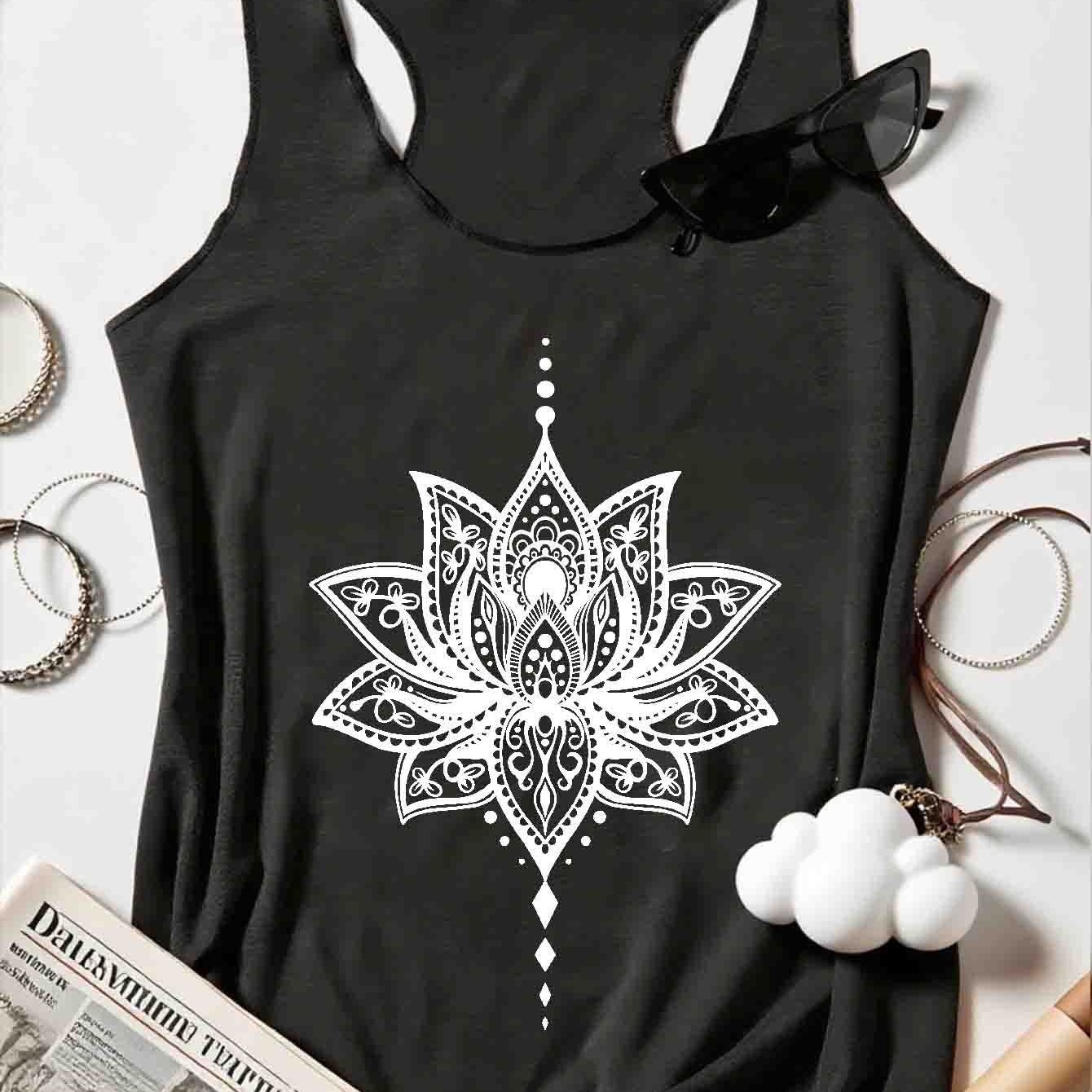 Women's Sleeveless Shirt, Graphic Design Lotus Graphic, Diagonal Back, Summer, Casual, Vacation, , Shirt