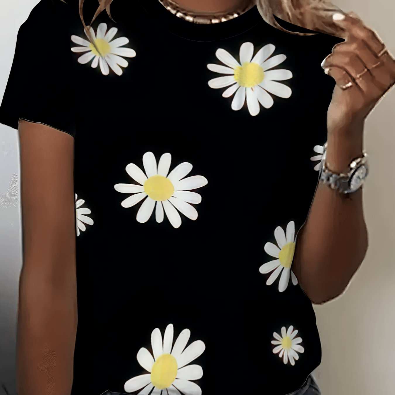 TEMU T-shirt à imprimé intégral, haut décontracté à manches courtes et col ras du cou pour l'été et , vêtements pour femme
