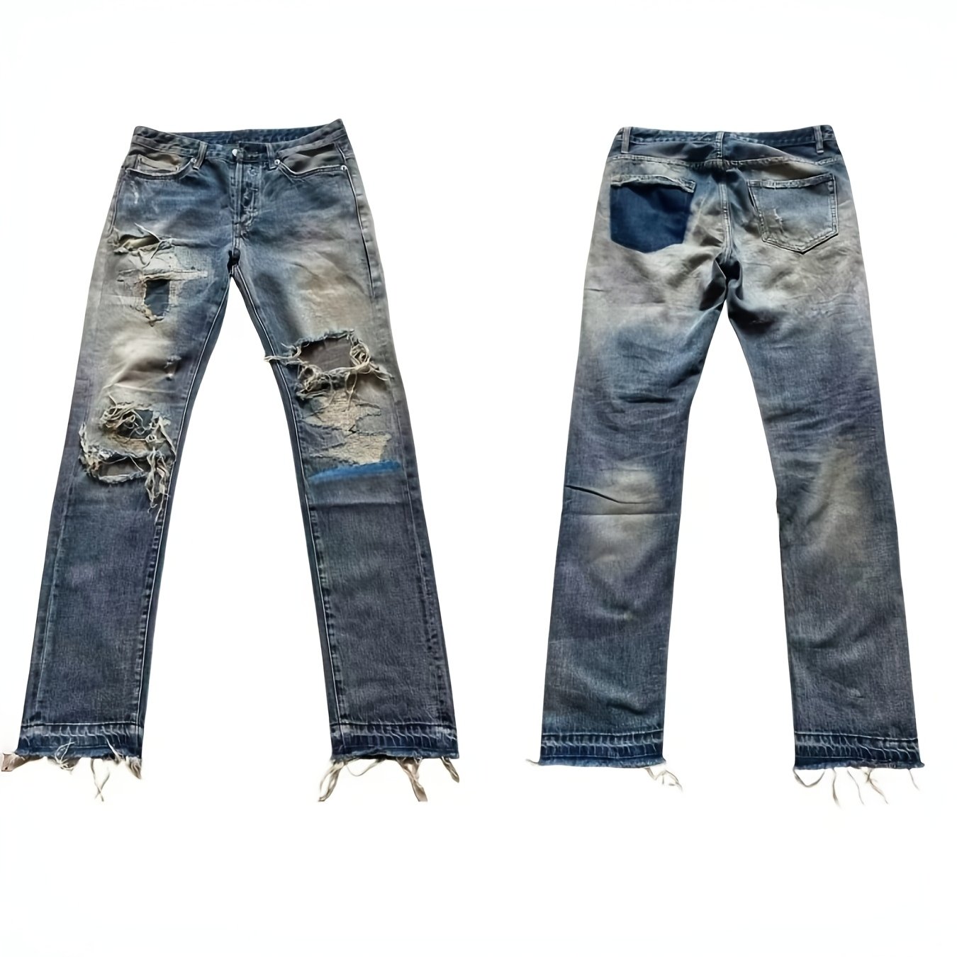 TEMU [hmestreet Fashion Men's Jeans, Distressed And Patched Style, With Worn-out Patches Design, Hem Has Frayed Edges, Mid-rise Stretch-fitting Slim