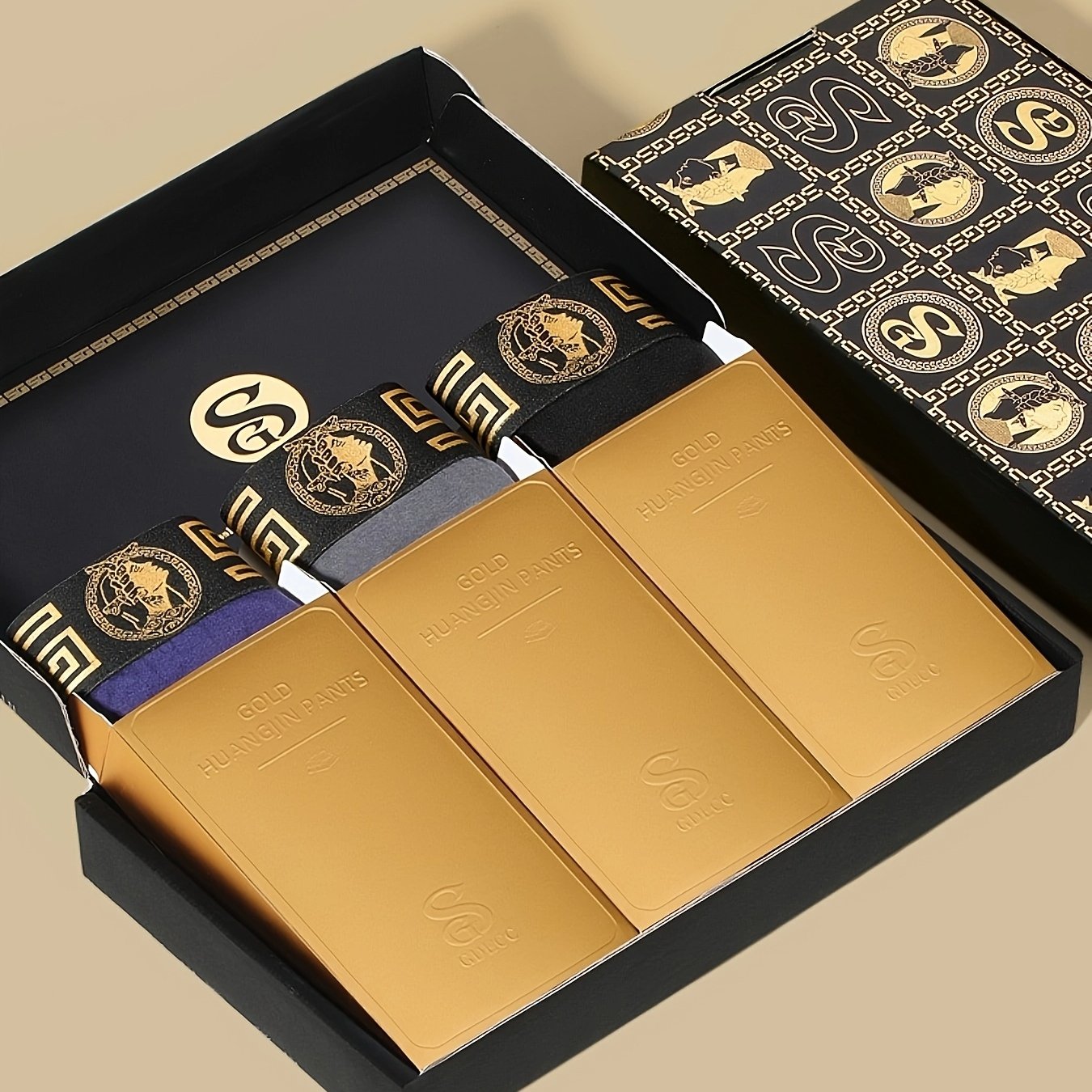 TEMU 3pcs Premium Gift Box Set With Luxurious Logo Belt, Purple Underwear, Golden Brick Paper Box, Individual Inner Packaging, Color-changing Crotch,