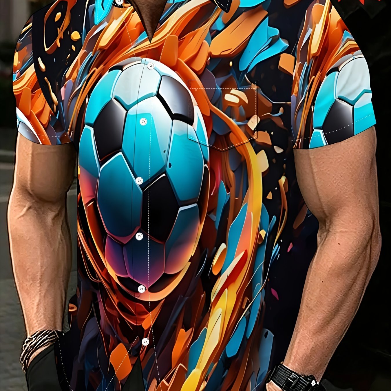 TEMU Plus Size , Casual Short Sleeve Clothing, Short Sleeve Shirt Single Piece Men's Soccer Print Hawaiian Button-up Shirt - Round Neck Short Sleeve