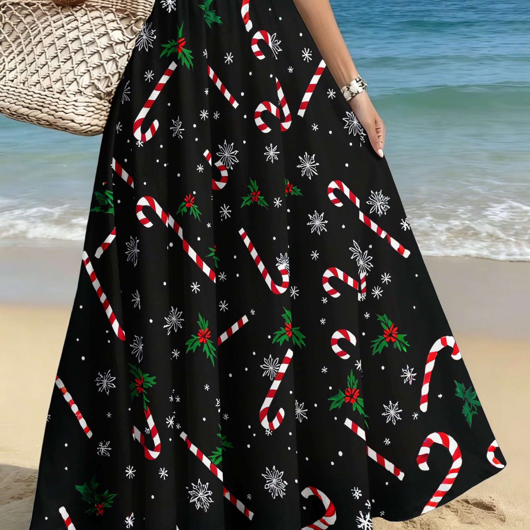 TEMU Plus Size Women's Elegant Fashion Skirt, Casual Printed Midi Dress, Candy Cane Snowflake Christmas Pattern Print, /casual/date/party/beach