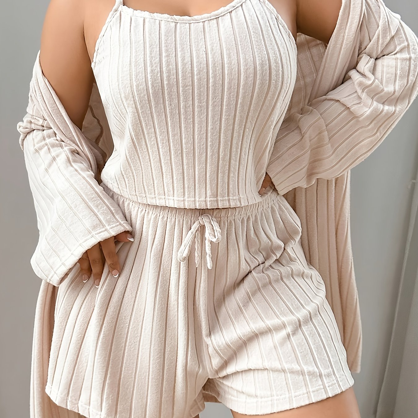 Image of Plus Size 3pcs Striped Skin-friendly Cami Shorts Robe Women's Casual Sleepwear Set