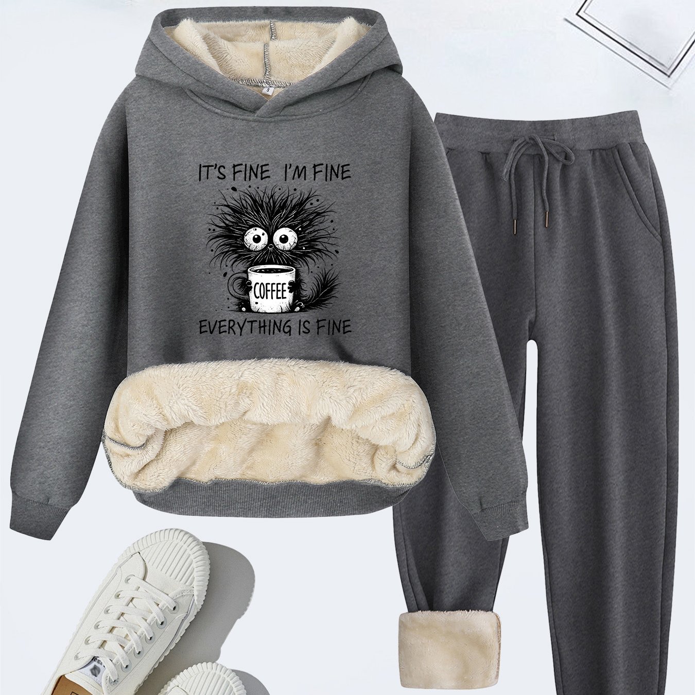 TEMU 2026 Everyday Autumn/winter Casual Women' Coffee & Cat Element Print -lined Thickened Hooded Sweatshirt With Slant Pocket Pants 2pcs Set