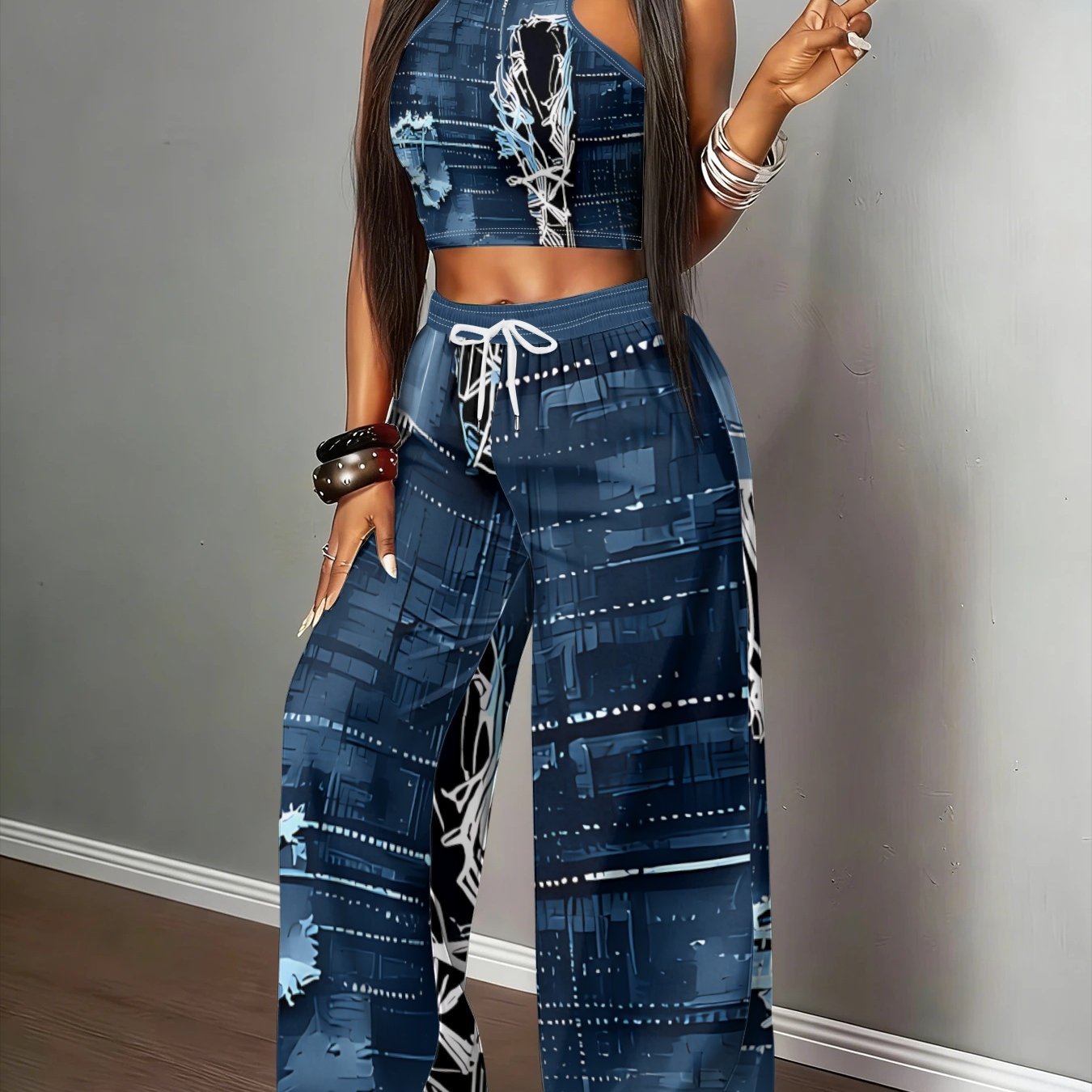 TEMU Women's Regular Size Y2k Cool Denim Pattern Halter Top  Elastic Waist Slim Casual Wide Leg Pants 2pcs Set