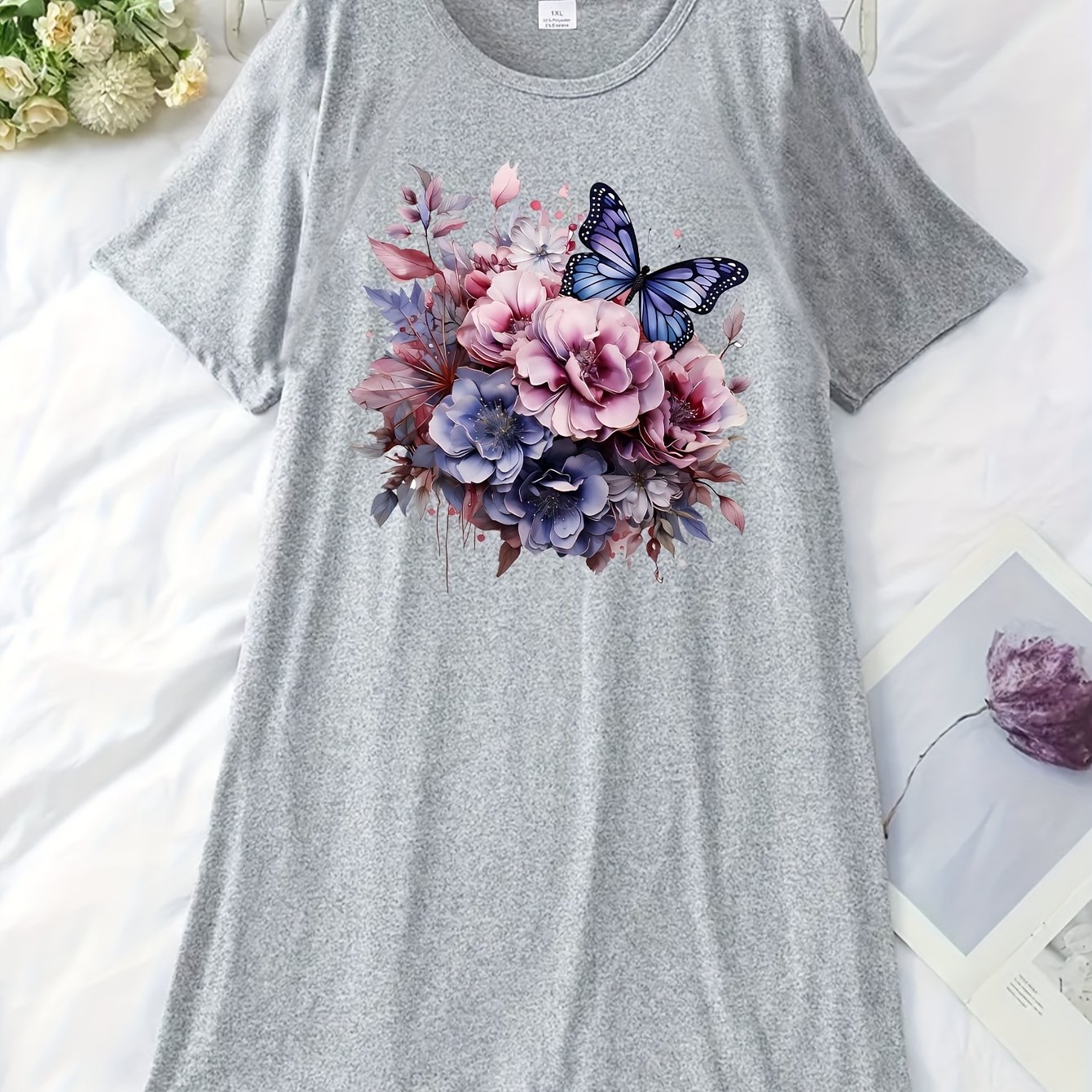 TEMU Plus Size Floral Night Dress For Women - Knitted Polyester With Elastane, Medium Stretch Fit Loungewear, All Season Sleepwear