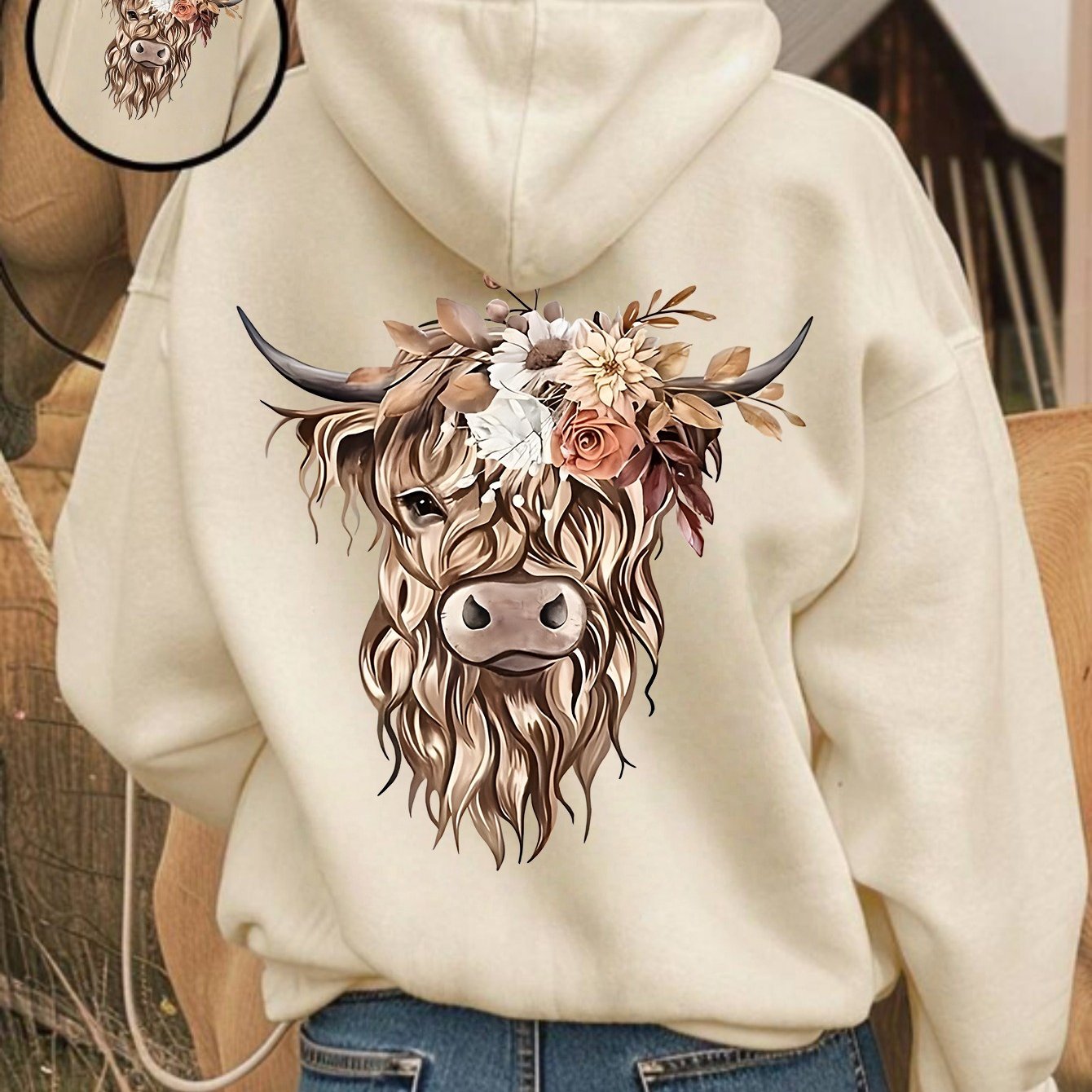 TEMU Highland Cow Graphic Print Hoodie, Drawstring Casual Hooded Sweatshirt For Winter & Fall, Women's Clothing