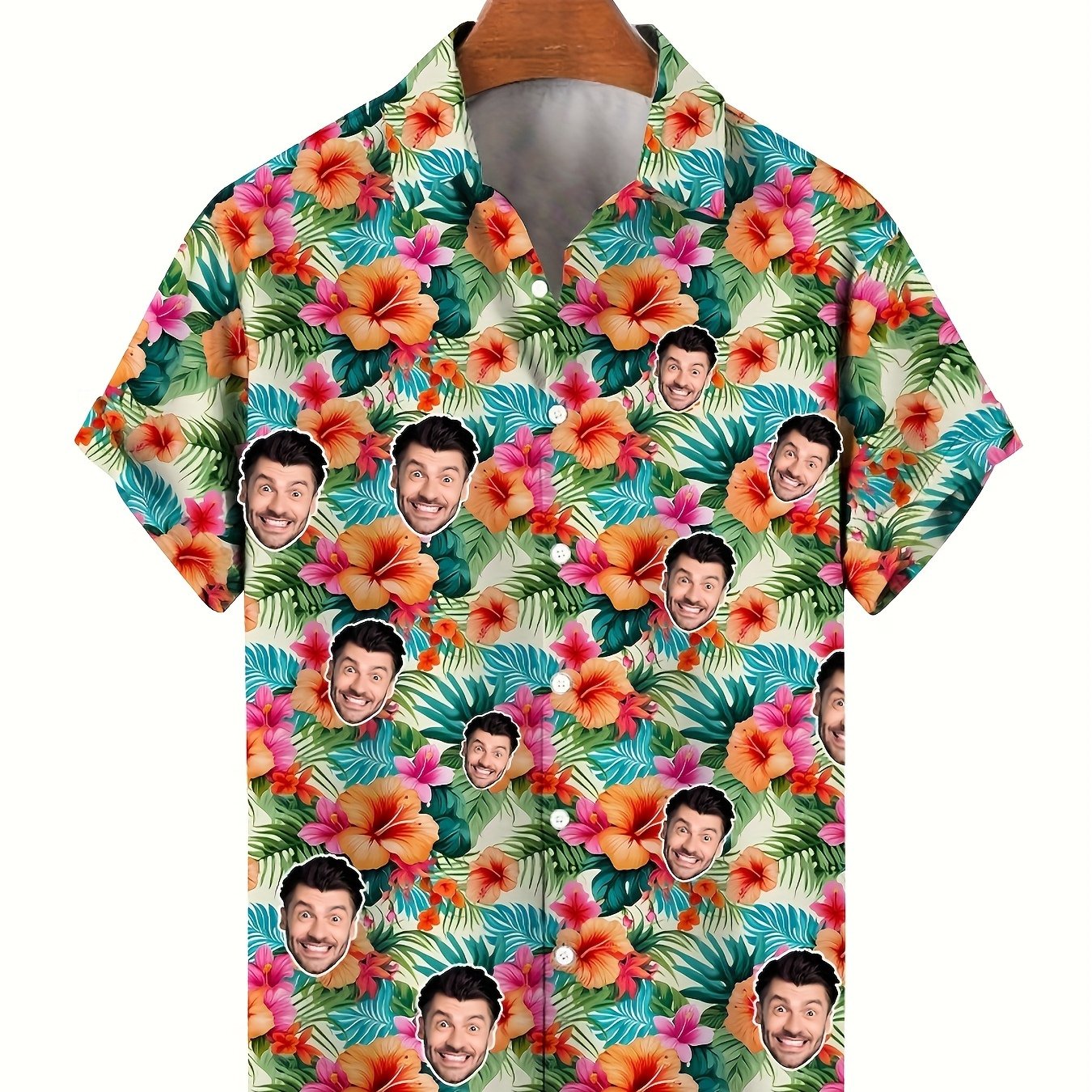 TEMU Men's Custom Photo Hawaiian Shirt - Vibrant Tropical Print Short-sleeve Button-up Casual Lapel Summer Shirt With Personalized Face And , Perfect