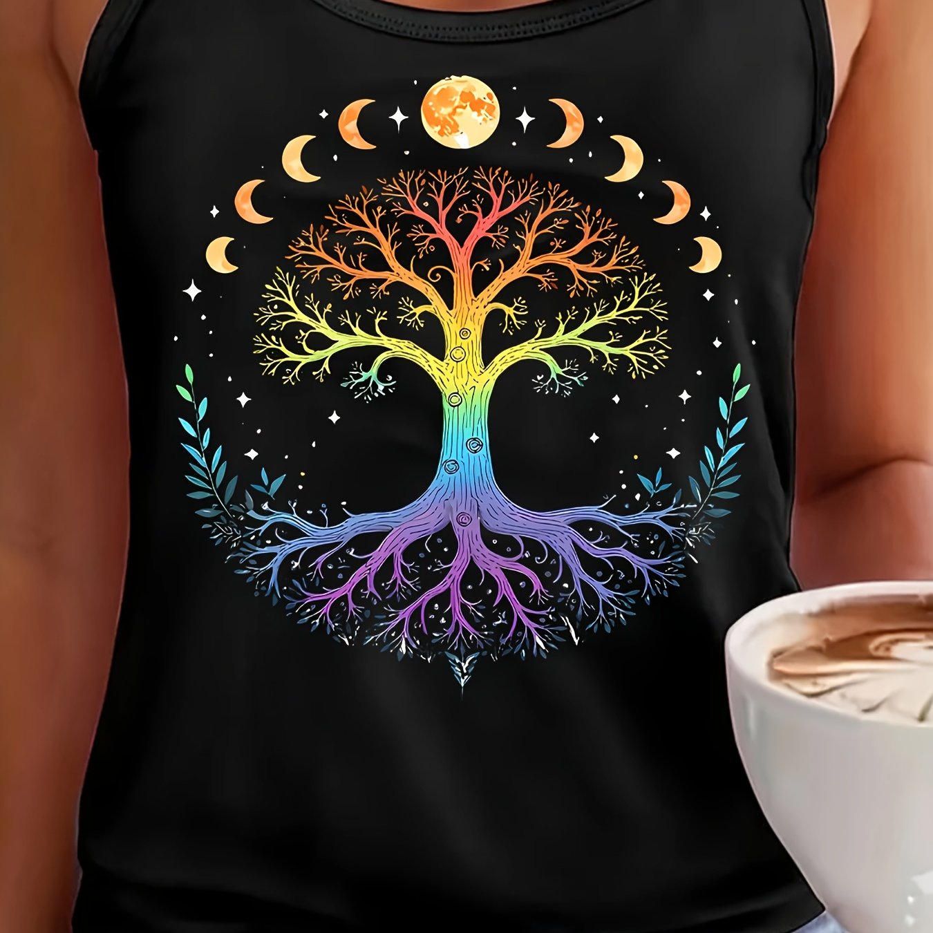 TEMU Vibrant Tree And Moon Print Women's Casual Stretchy Loose Fit Tank Top For Summer Outdoor, Machine Washable